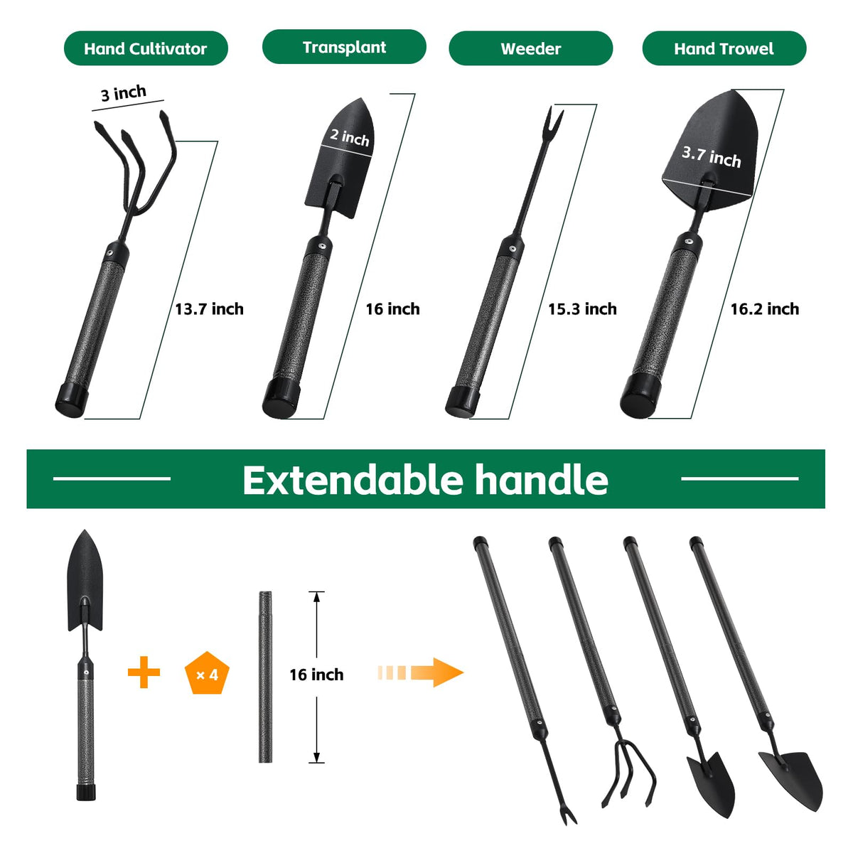 Garden Tools Set with Extension Handles, 5 Piece Thick Gardening Hand Tools, Heavy Duty Steel Rust-Proof Weeding Planting Tool Ideal Gardening Kit Gifts for Women and Men
