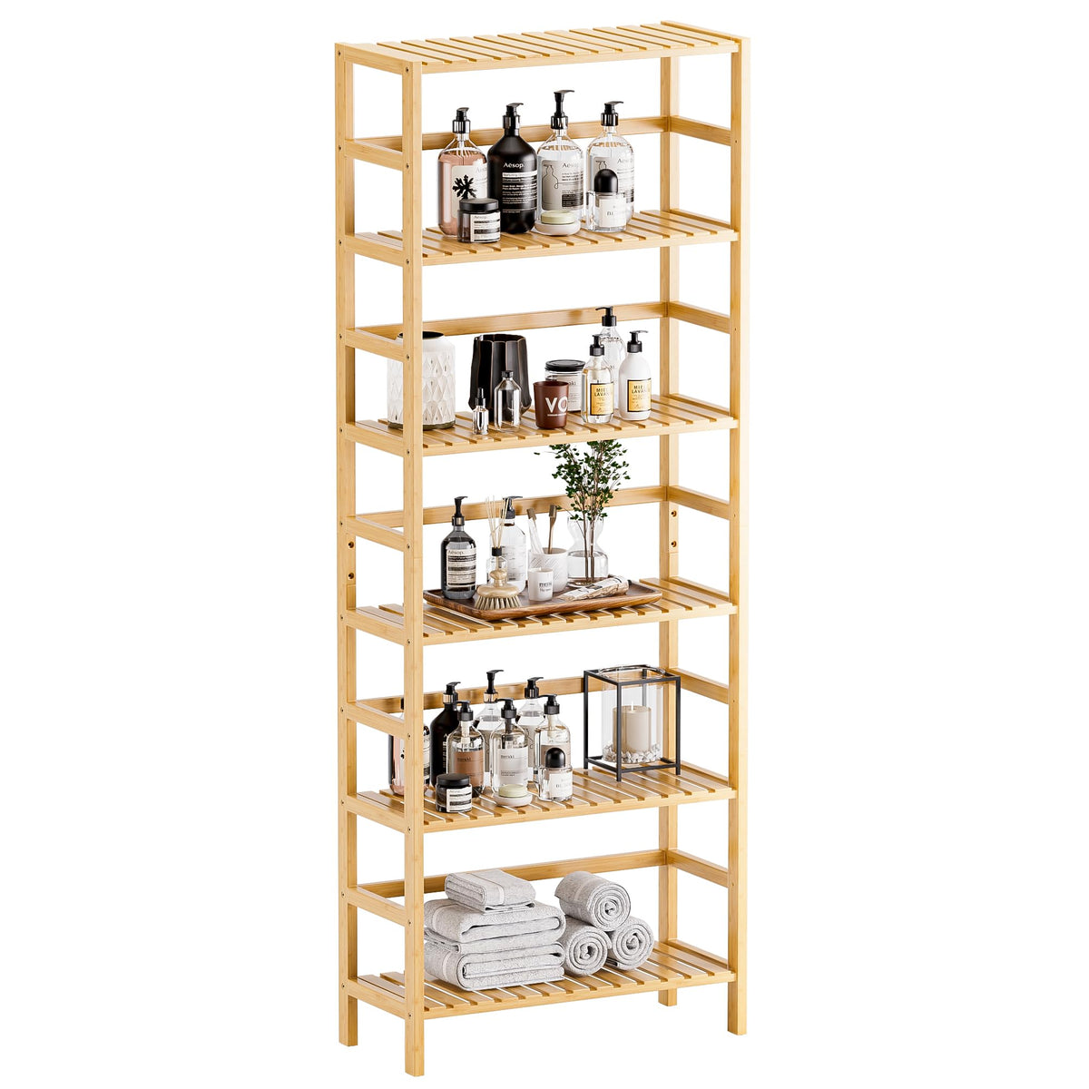 HITNET Bamboo Shelf, 6-Tier Adjustable Tall Open Bookcase, Bathroom Storage Rack Freestanding Shelving Unit, Plant Display Stand for Small Space, Natural