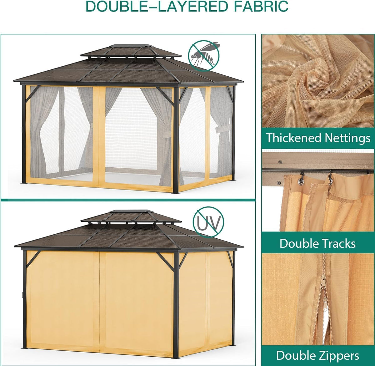 PeakPursuit 10x13FT Hardtop Aluminum Pergola Gazebo – Double Polycarbonate Roof – Heavy Duty Metal Frame – Mesh Netting, Curtains, All-Weather Outdoor Pavilion for Patio, Garden, Poolside – Khaki –
