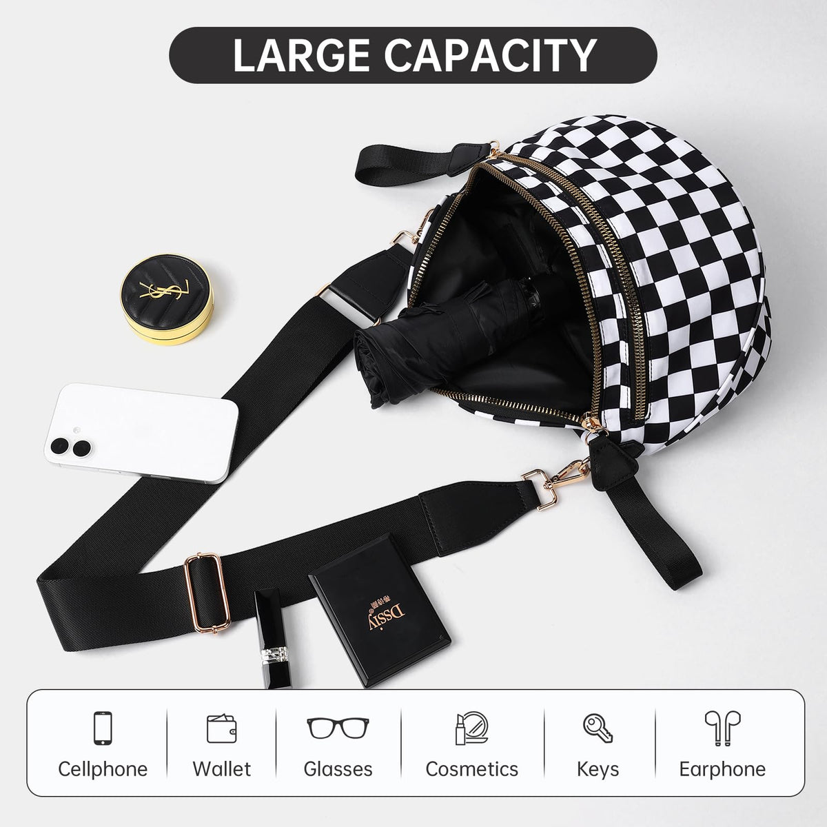 FFEDAYUN Checkered Crossbody Bag Spacious Bum Bags for Women Nylon Fanny Packs Belt Bag Handbags Wallets for Shopping Travel,Black White