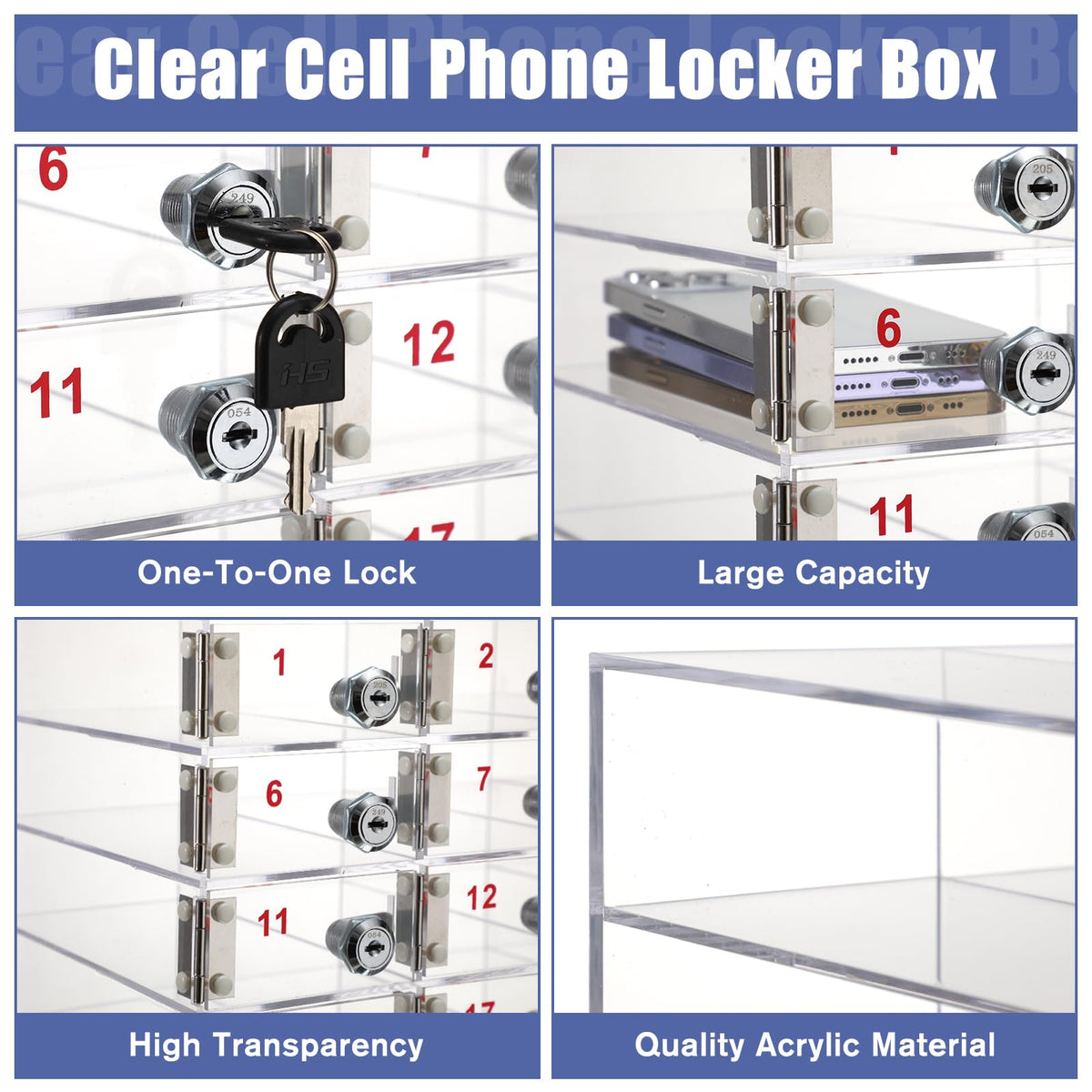 Layhit Clear 30 Slots Cell Phone Locker Box for Classroom Clear Acrylic Cell Phone Storage Cabinet Bin with Door Locks for Classroom School Students Office Factory Employees
