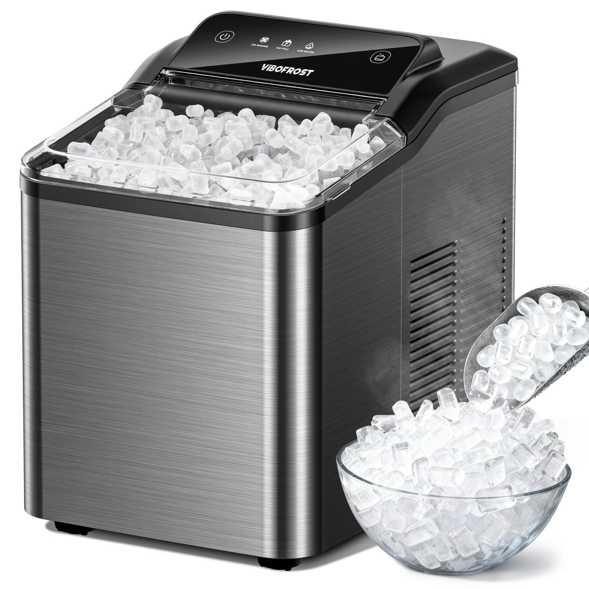VIBOFROST Nugget Ice Maker Countertop, Fast 35lbs/24H Sonic Pebble Ice Machine, Self-Cleaning Anti-Scale System, Stainless Steel Portable Ice Maker for Home, Kitchen, RV, 10 Cleaning Packets