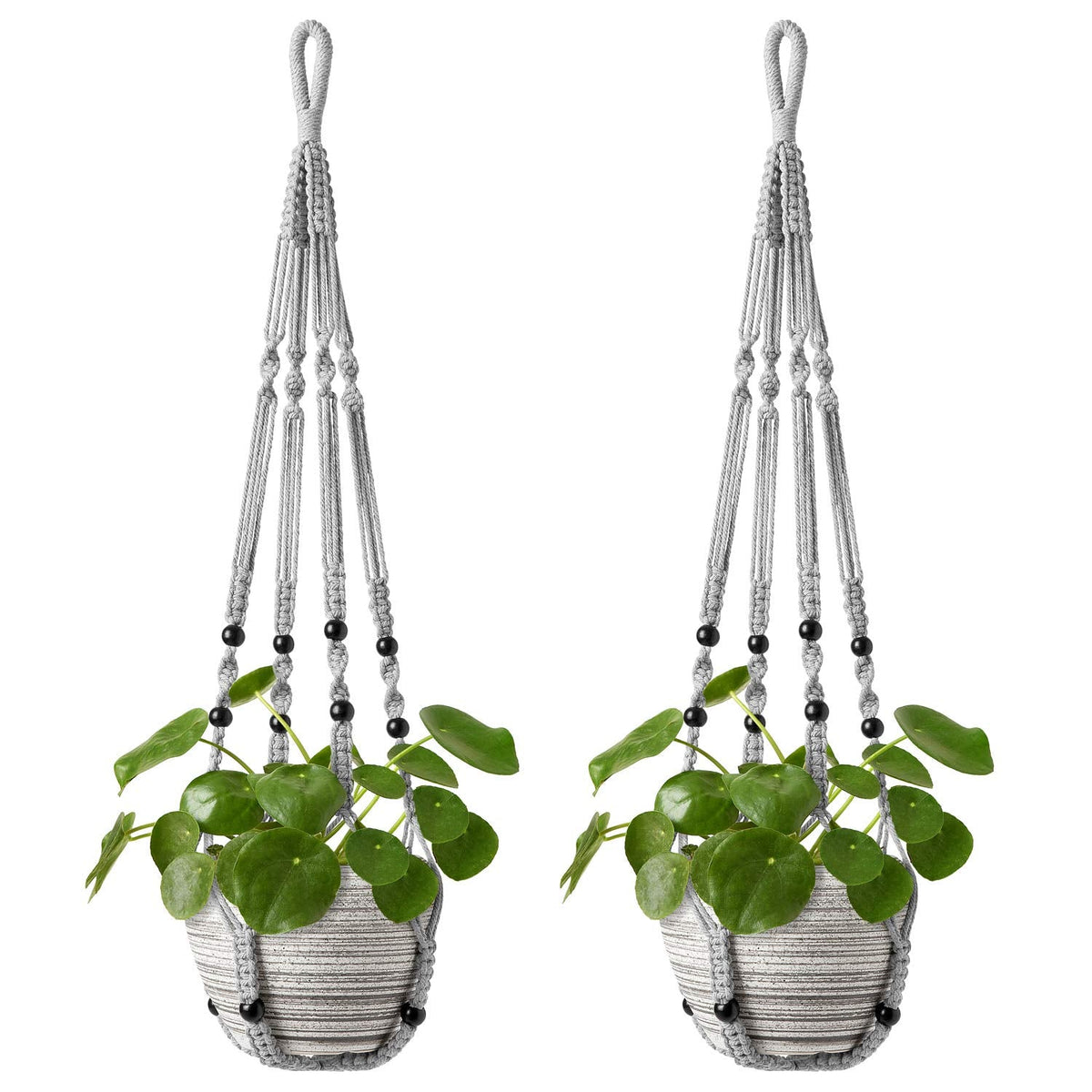 Mkono Macrame Plant Hanger Indoor Hanging Planter Basket with Wood Beads Decorative Flower Pot Holder No Tassels for Indoor Outdoor Boho Home Decor 35 Inch, Grey, Set of 2 (POTS NOT Included)
