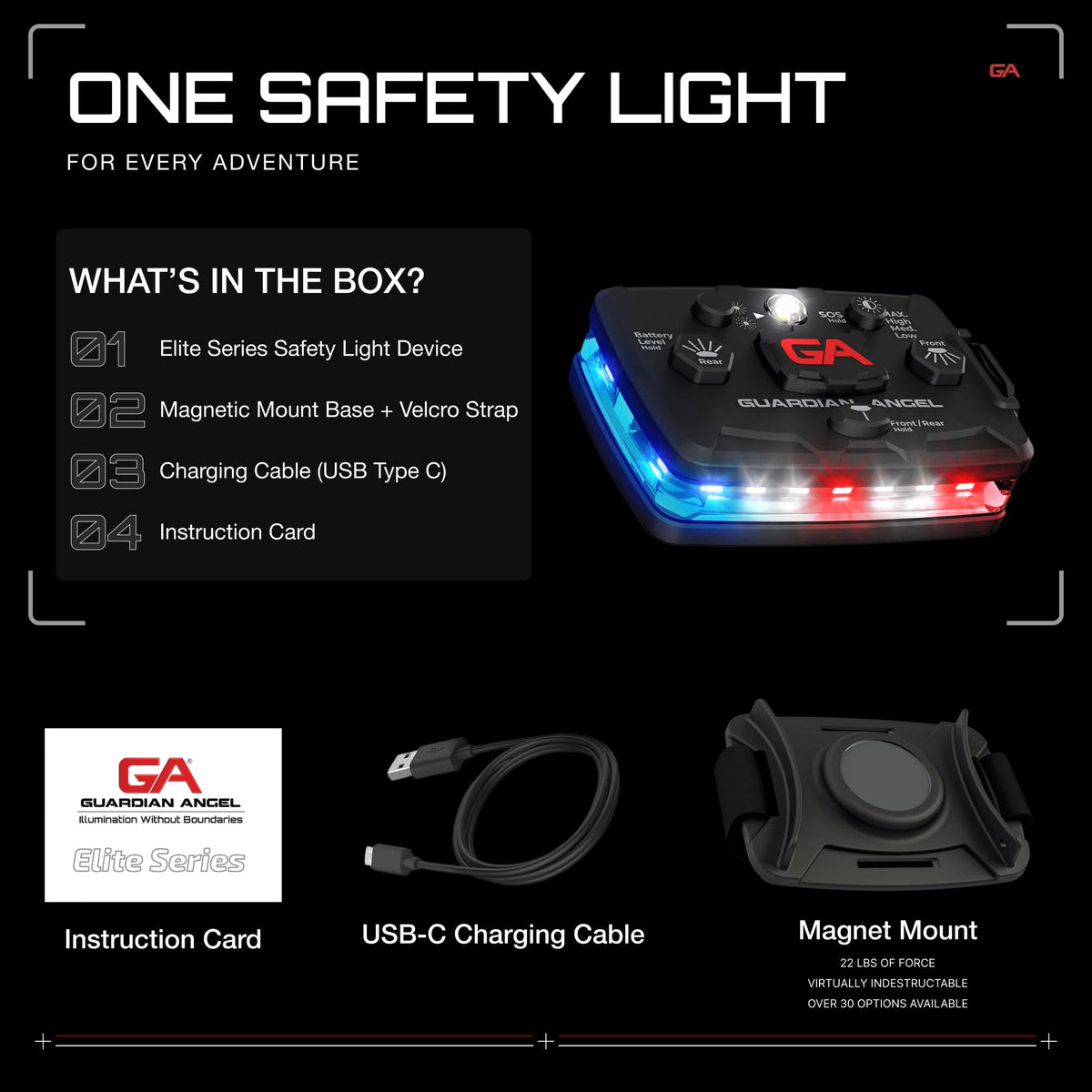 Guardian Angel Elite Series Safety Light - Red/Blue/White Front & Red/Blue Rear - Rechargeable, Magnetic, Hands-Free Wearable LED Flashlight for Law Enforcement, First Responders & Firefighters