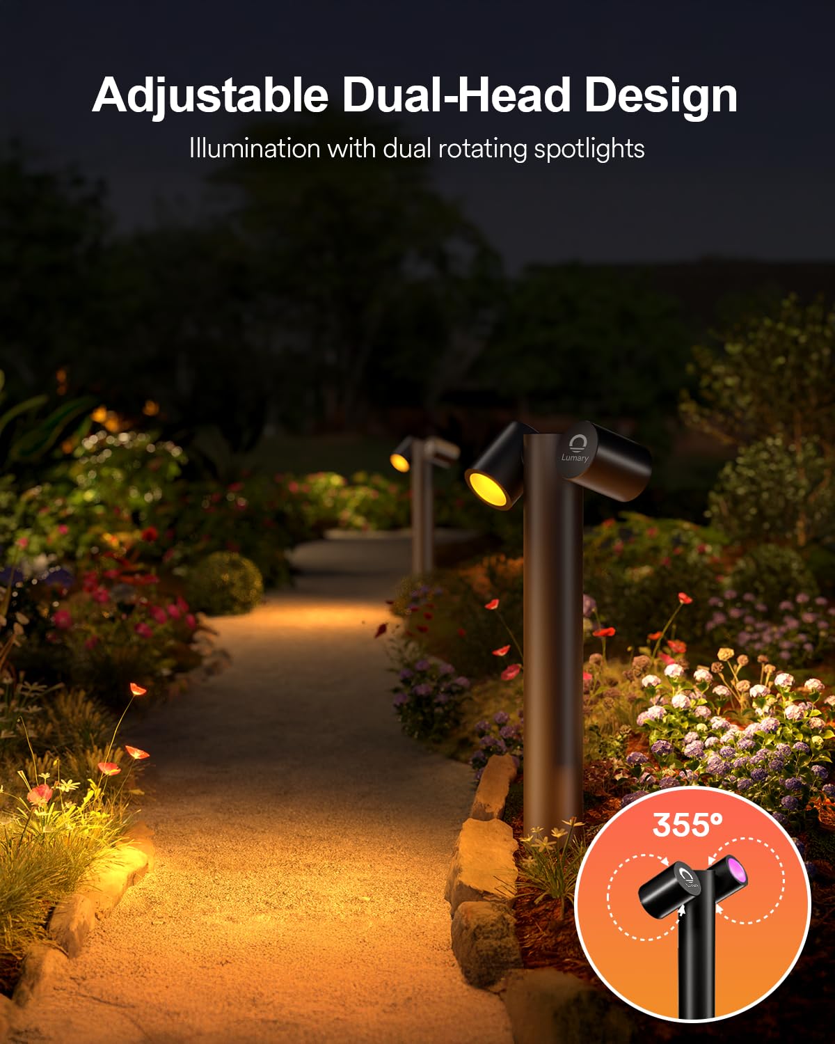 Lumary Smart Pathway Lights Pro 700LM, RGBAICW Color Changing Landscape Lights with 8 Adjustable 355° Spot Lights IP65 Waterproof, 48FT Wired Outdoor Landscape Lighting, WiFi APP/Voice/Remote (4 Pack)