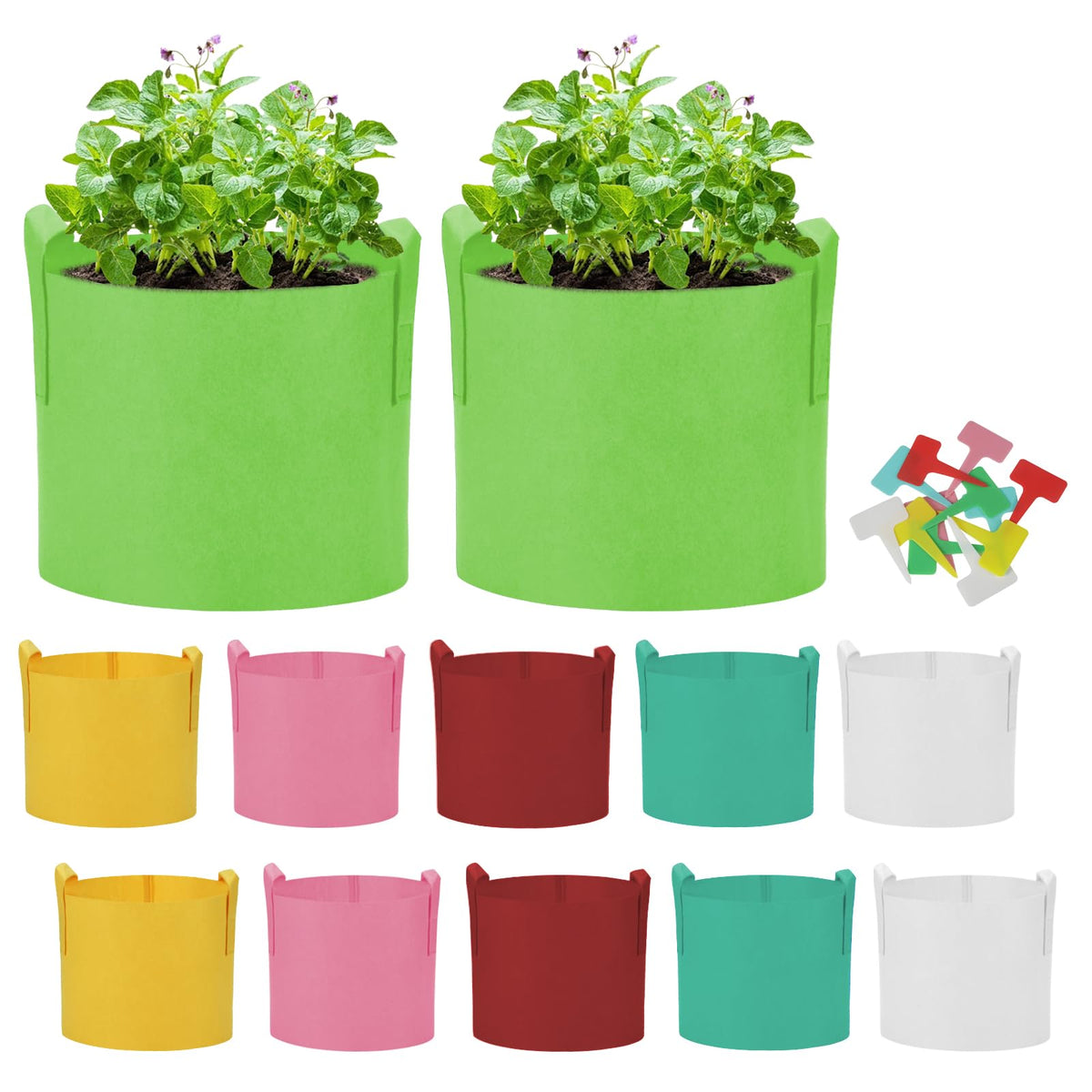 AiVeUao 12 Pack 7 Gallon Multicolor Grow Bags, Potato Planting Bag, Colorful Plant Grow Bags with Handles, Garden Planter Pots for Potatoes, Carrots, Tomatoes with Plant Labels, Mixed Color