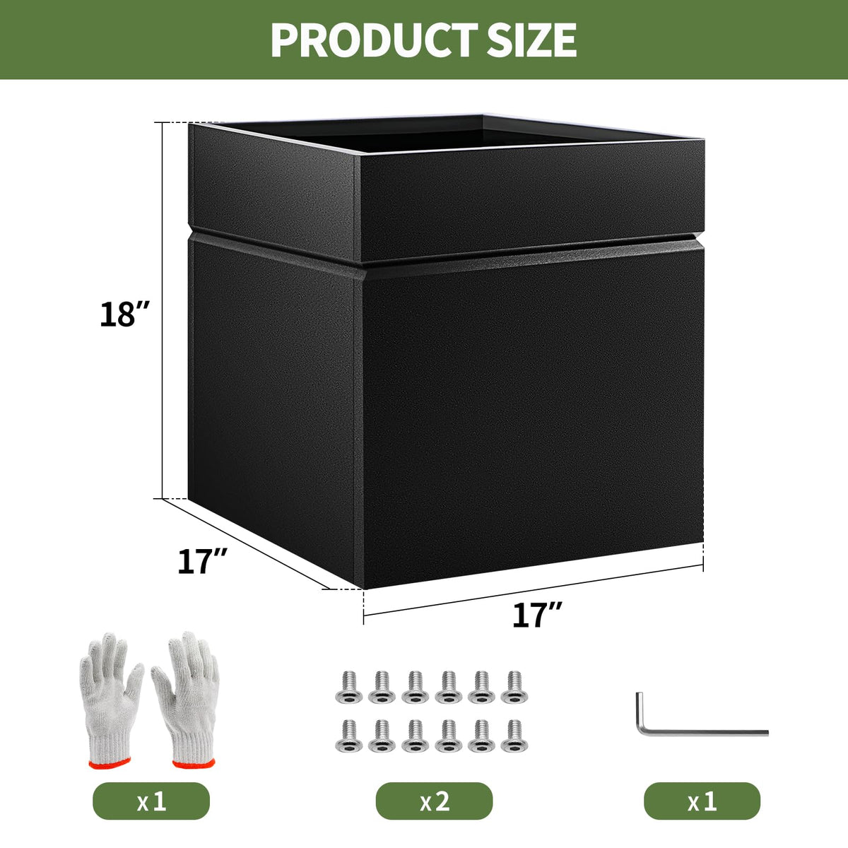 HONYTA Matel Planter Box 17" L x 17" W x 18" H, Cube Heavy Duty Powder Coating Steel Planters with Drainage Hole, Indoor Outdoor All-Weather Use for Home, Porch, Patio, Hotel(Black)