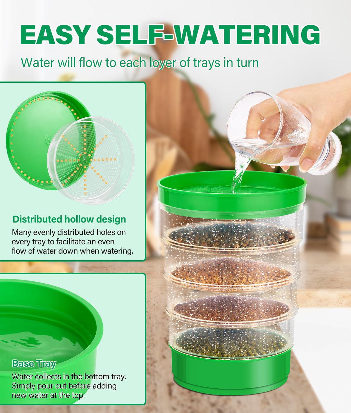 HK Stackable Seed Sprouting Kit, 4-Tier Microgreens Growing Kit with Drain Holes and Drain Tray, Fresh Organic Bean Seed Sprouter Tray, Soil-Free Sprouter Tray for Beans Alfalfa Seeds