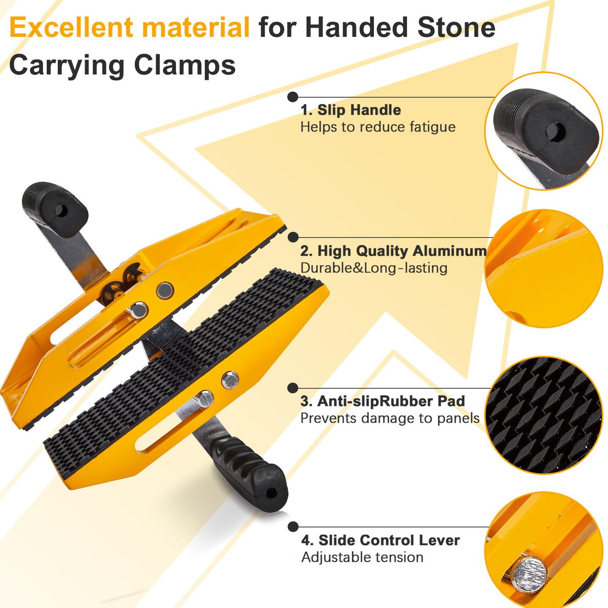 Double Handed Stone Carrying Clamps,Panel Carriers Lifting Tools,660 LBS Heavy Duty Carry Clamp for 0-2.36in Glass Quartz Slabs Marble with Rubber-lined,Granite Lifting Clamp 2Pack Yellow