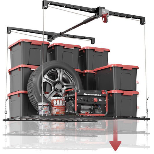 KOKORACKER Overhead Garage Storage Rack, Adjustable Heavy-duty 4x4 Ft Ceiling Storage Racks with Safety Lock, Ideal for Garage Storage Lifting Organization System, 250lbs Capacity