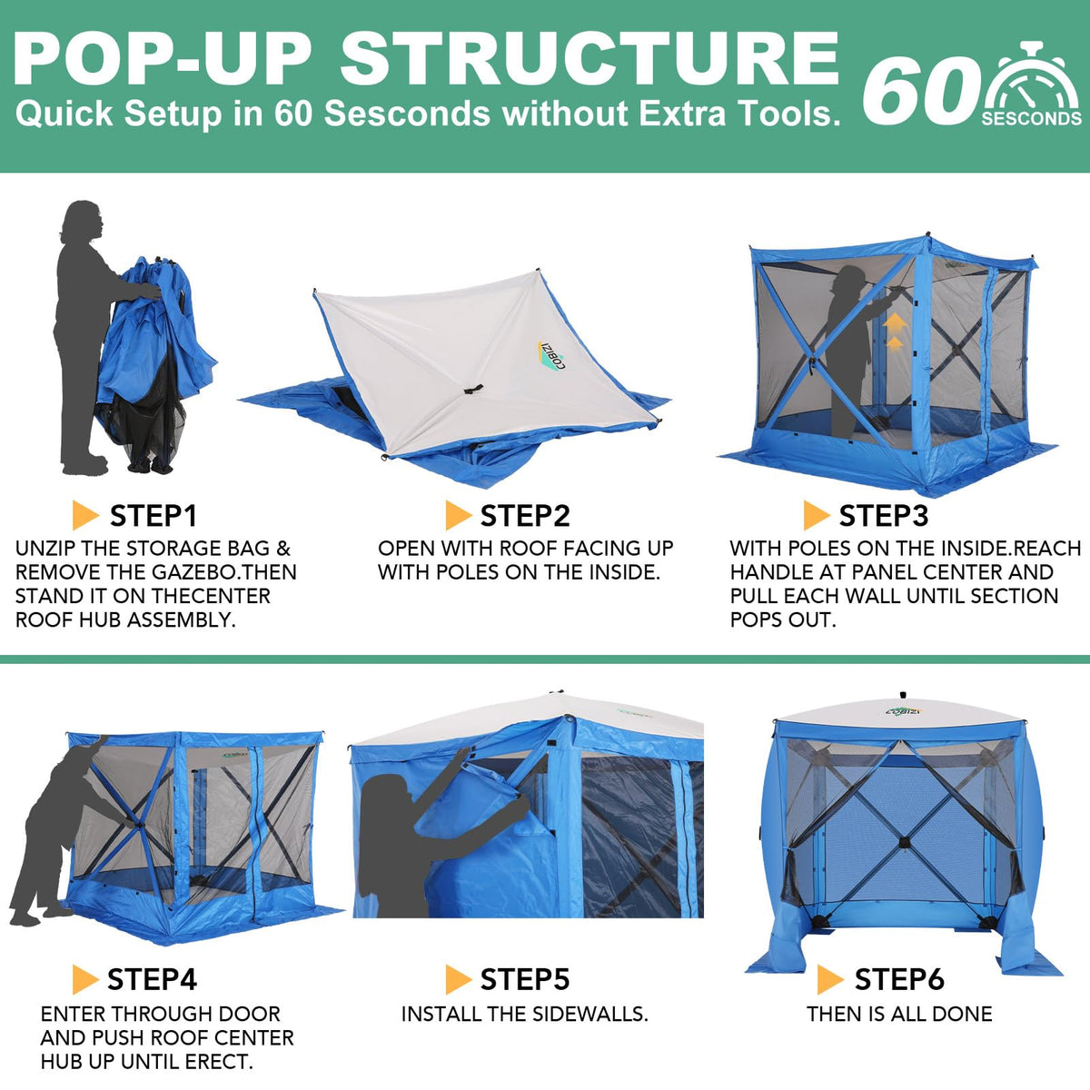 COBIZI 6x6 Pop up Gazebo Tent on Clearance, Ez up Waterproof Screen Tent Screen House with 3 sidewalls,Portable Outdoor Canopy with Carry Bag & Ground Stakes for Camping,Garden and Picnics, Blue
