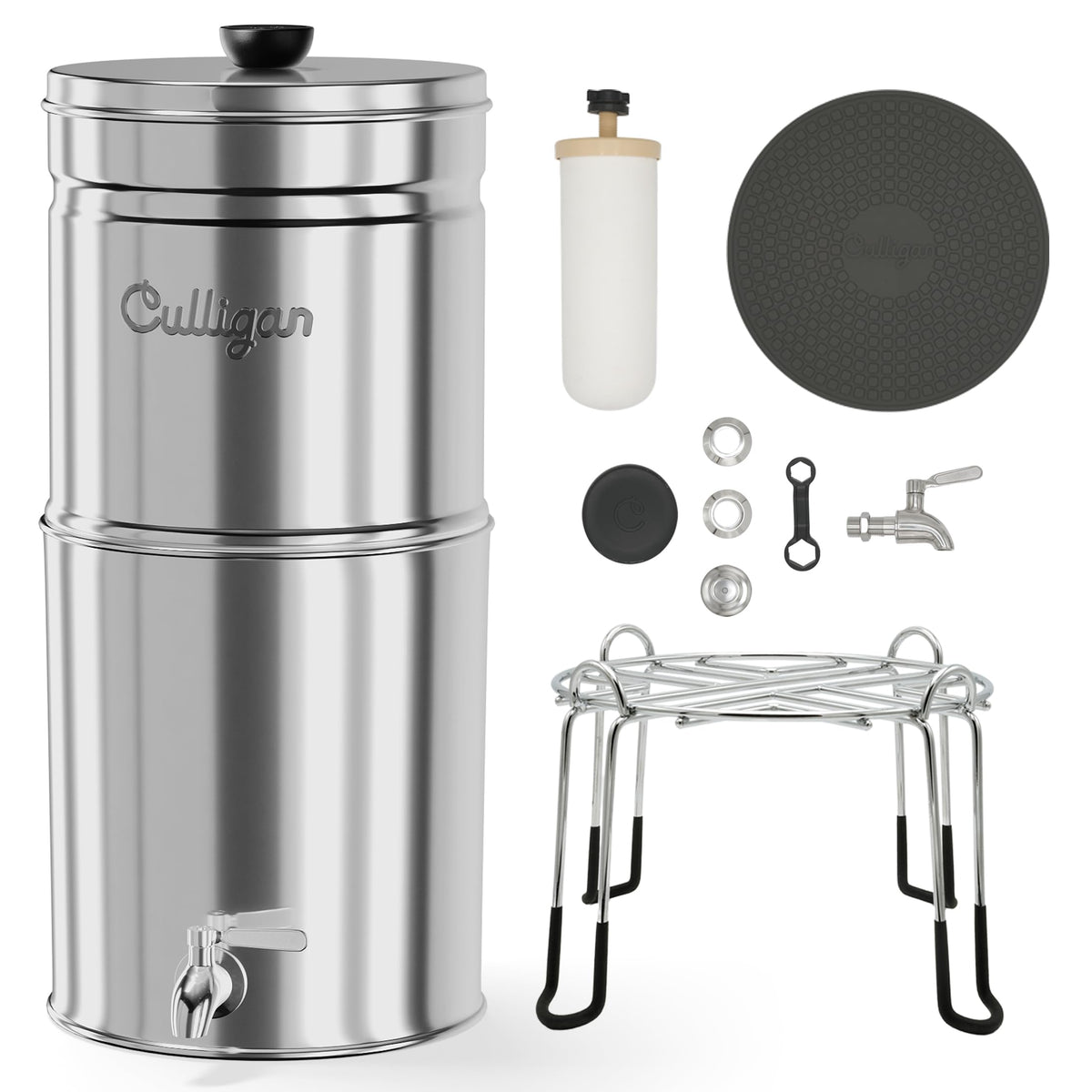 Culligan MaxClear 3 Gallon Gravity Water Filter System, Polished Stainless-Steel Countertop Water Filter NSF/ANSI Certified to Reduce Microplastics, Lead & Total PFAS, with 3 Ceramic Filters