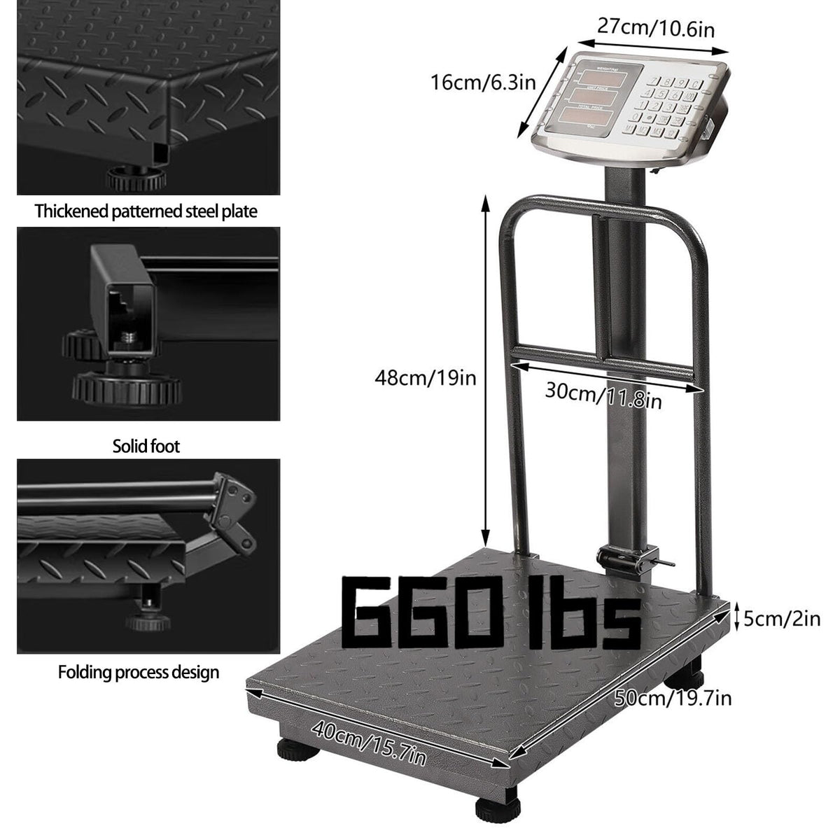 CXWAWSZ 660lb Industrial Platform Scale with Removable Guardrail, Foldable Digital Shipping Scale, Double-Sided HD Display, Accurate LB/KG Postal Scale for Luggage, Package, Warehouse