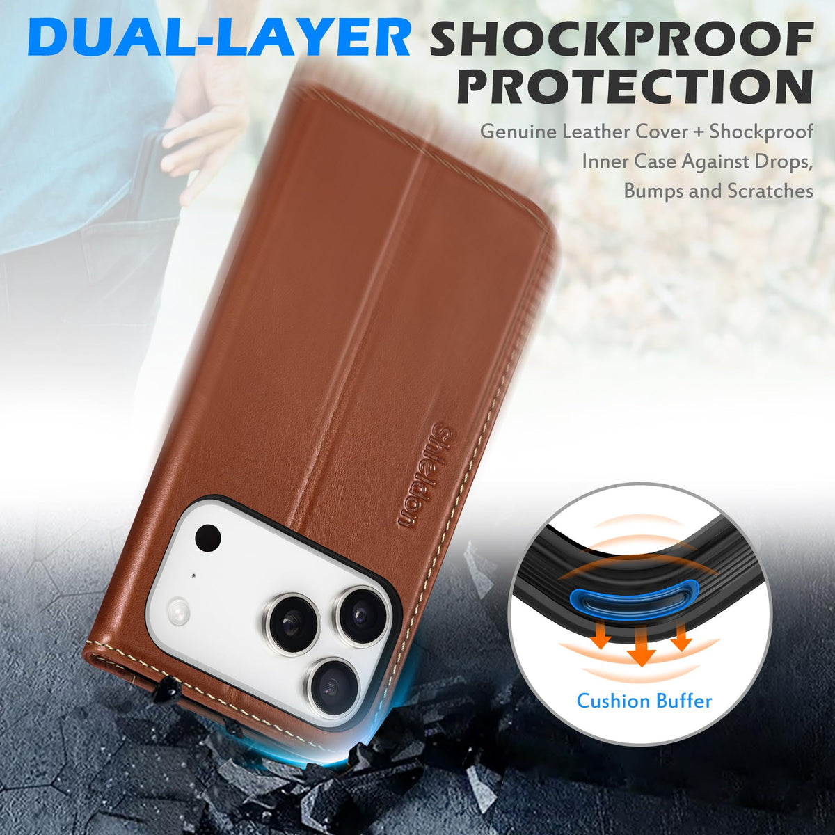 SHIELDON Genuine Leather Wallet Case for iPhone 17 Pro Max 6.9-inch 2025 | Flip | Magnetic Cover | RFID Blocking Credit Card Holder | Kickstand | Shock-Absorbent Case | Retro Brown