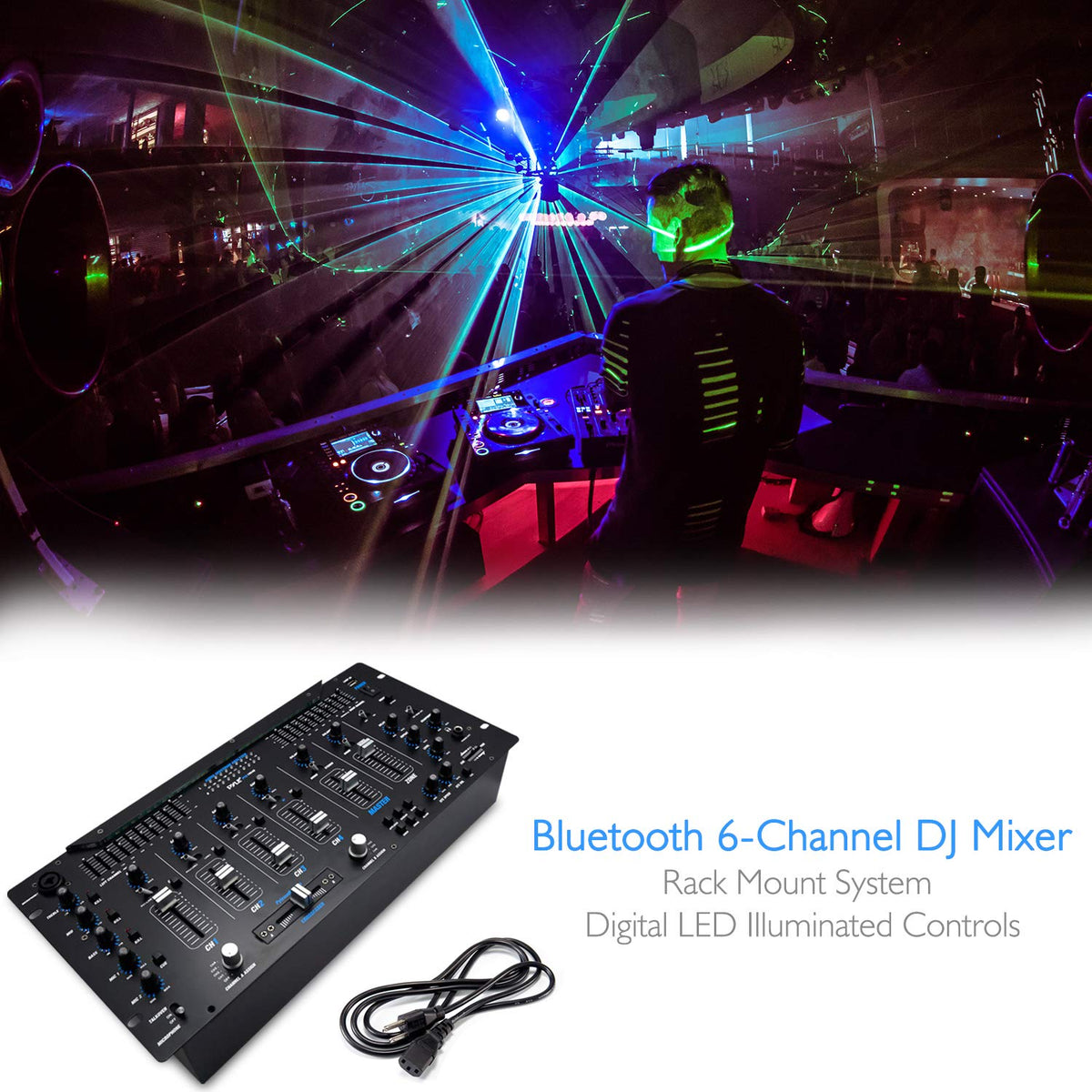 Pyle 6 Channel Mixer, Bluetooth DJ Controller, Stereo Mixer, Professional Sound System, LED Illumination, Mixer Digital Audio, Digital Mixing System, Speed Control, 5U Rack Mount System (PYD1964B)