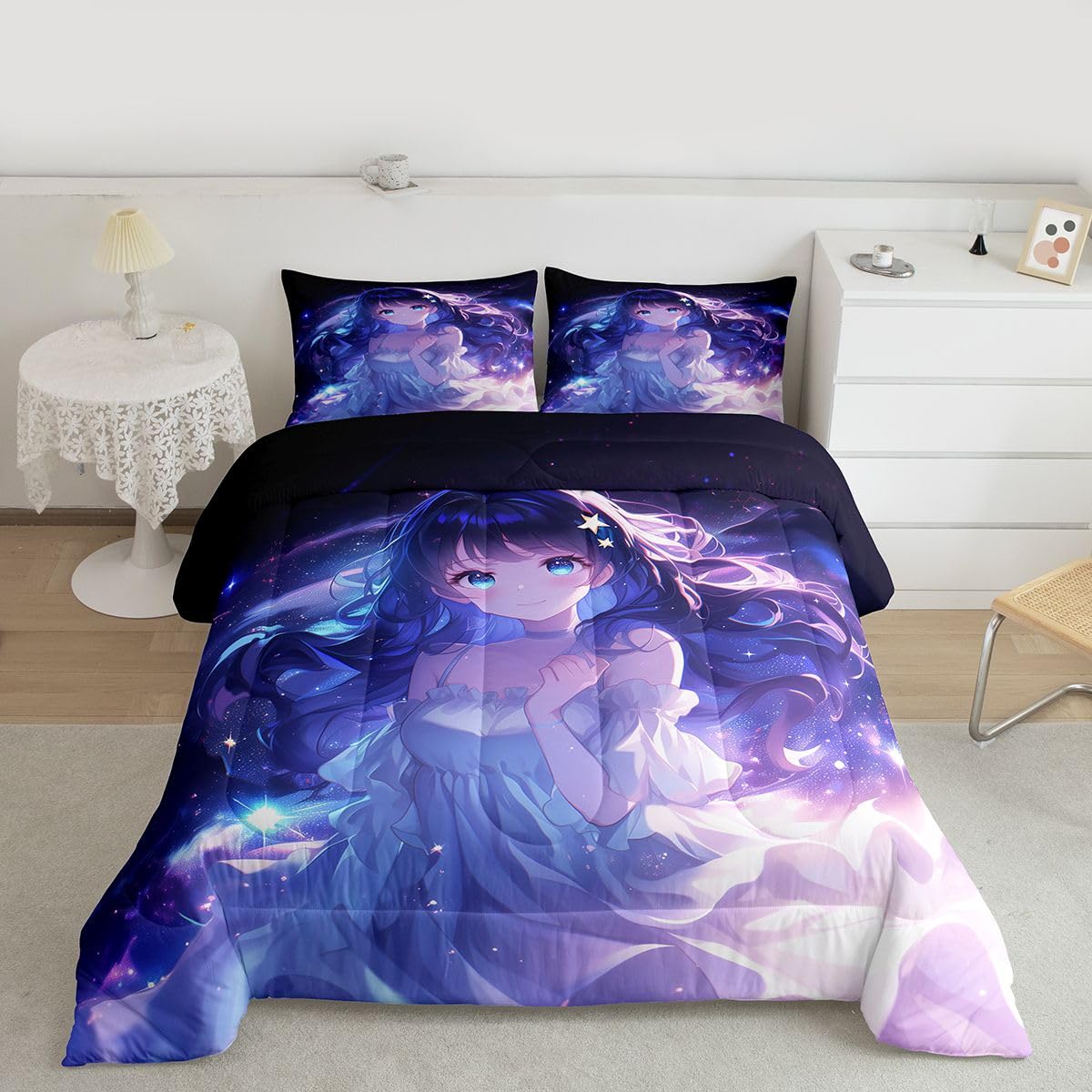 Erosebridal Anime Girls Bedding Anime Gifts Comforter Set for Kids Purple 3D Galaxy Printing Bedding Sets, Cartoon Long Curly Hair Girly Printed Comforter Kids Kawaii Japanese Girl Bed Set, Full