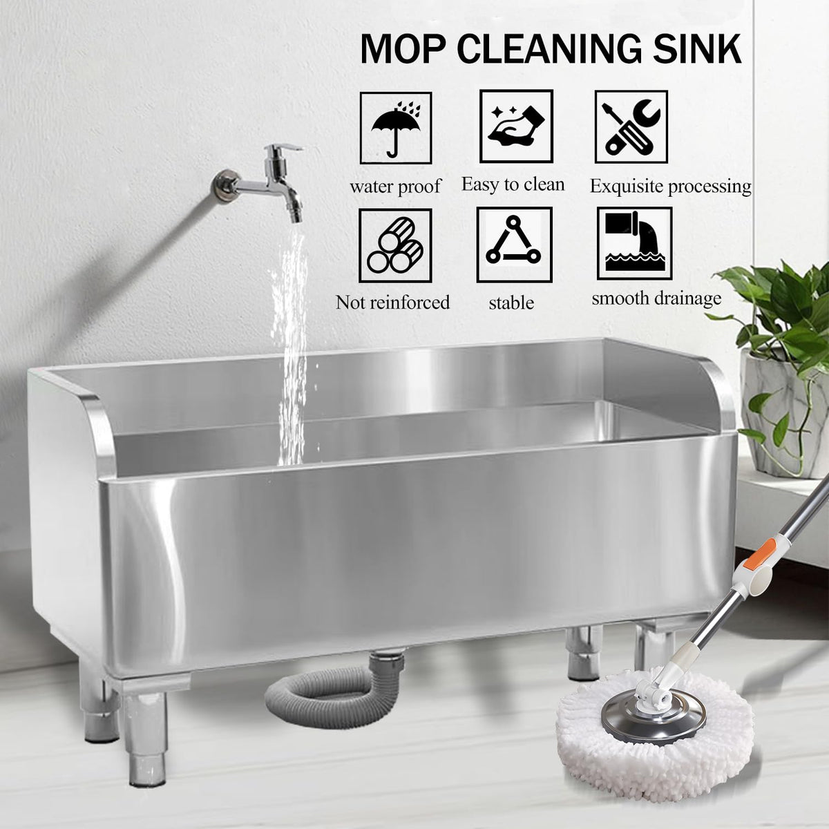 Stainless Steel Mop Service Basin，Floor Mount Mop Sink，Mop Cleaning Sink，Vertical industrial sewage tank for balconies, laundry rooms, industries, etc（39.37”×16.1”×21.6”)