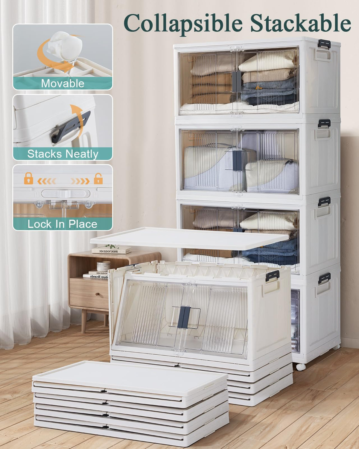 OlarHike 97QT Stackable Storage Bins with Lids - Folding Storage Box with Doors and Wheels, Collapsible Plastic Storage Drawers for Closets and Organization, Garage, Office, Cabinet, 4 Pack Cubes