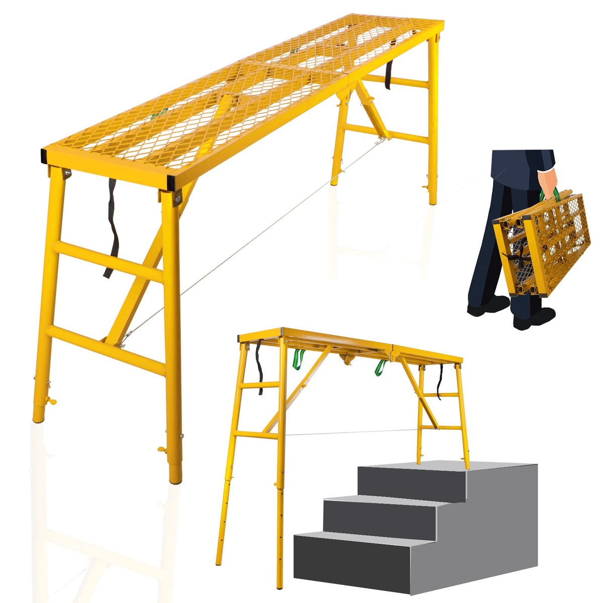 NETRCRHOM Folding Scaffolding Platform, 71(L) x15.7(W) x51(H)''770 Lbs, Adjustable Steel Industrial Step Ladders, Portable Heavy Duty Work Platform for Construction Sites and Renovations