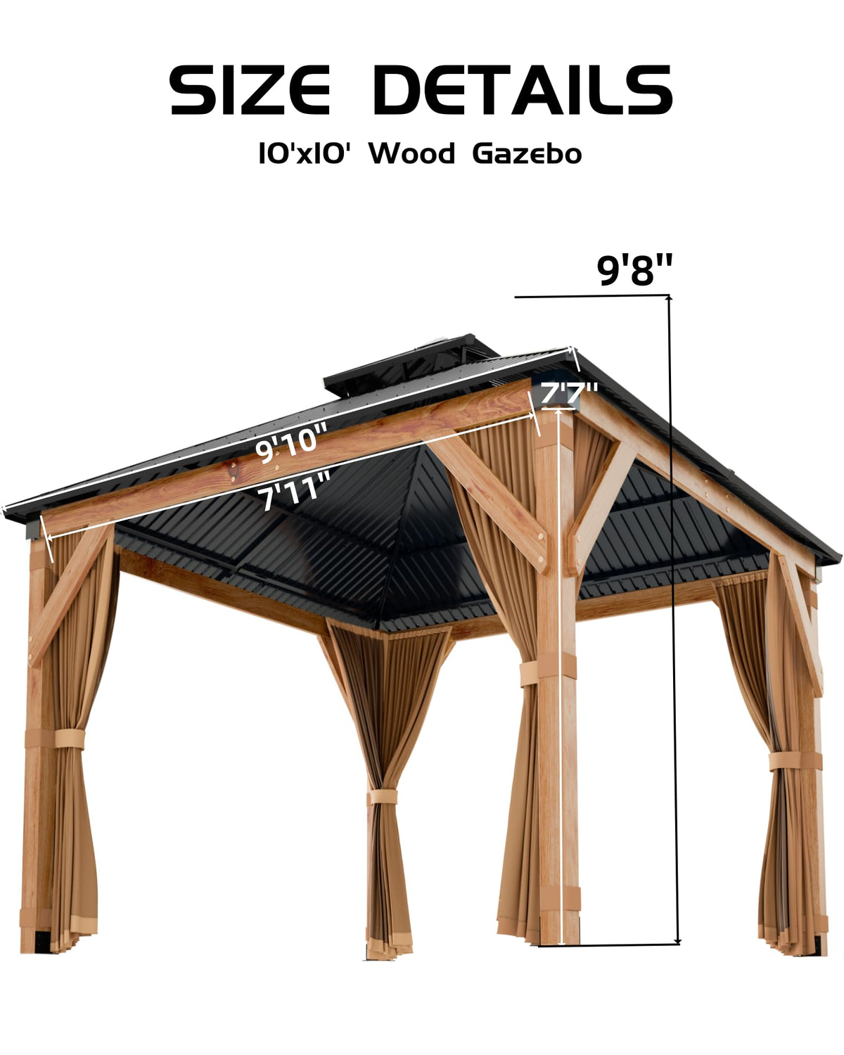 GarveeLife Hardtop Wood Gazebo 10 ft x10 ft for All Weather, with Double Metal Roof, Heavy Duty Wooden Frame, Net, and Curtain, Permanent Building for Patio, Deck, Backyard, Lawn, and Garden, Khaki