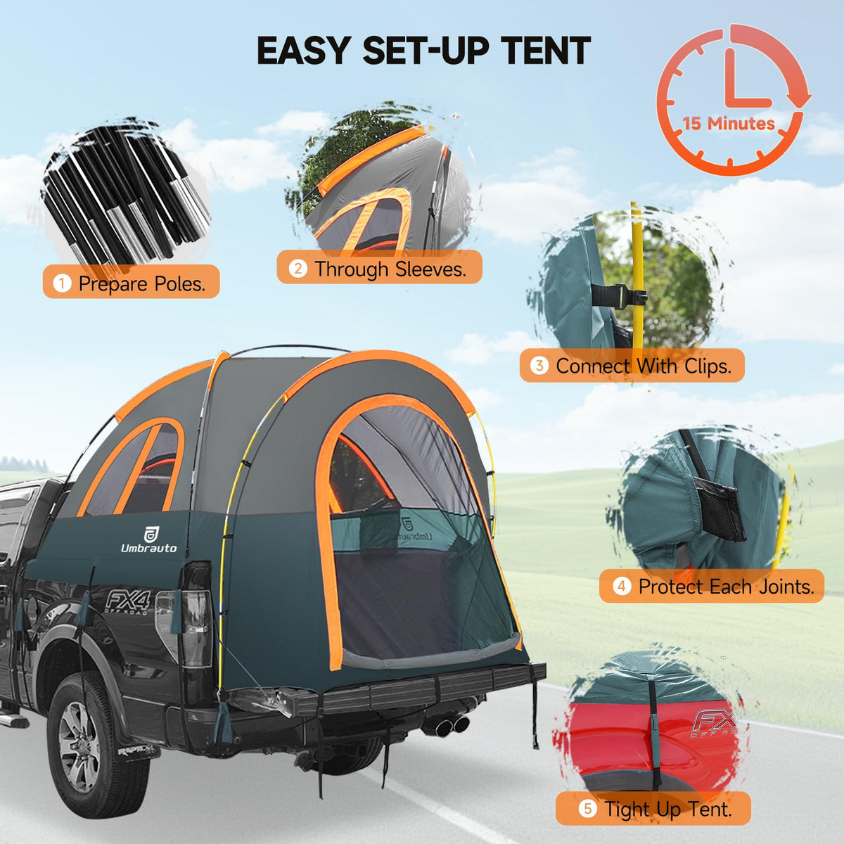 Truck Bed Tent 6.4' ~ 6.7' Easy Set Up Umburato Pickup Truck Tents for Camping, Waterproof PU3000mm Canopy for Truck Camper, Portable, Spacious for 2 Person Green