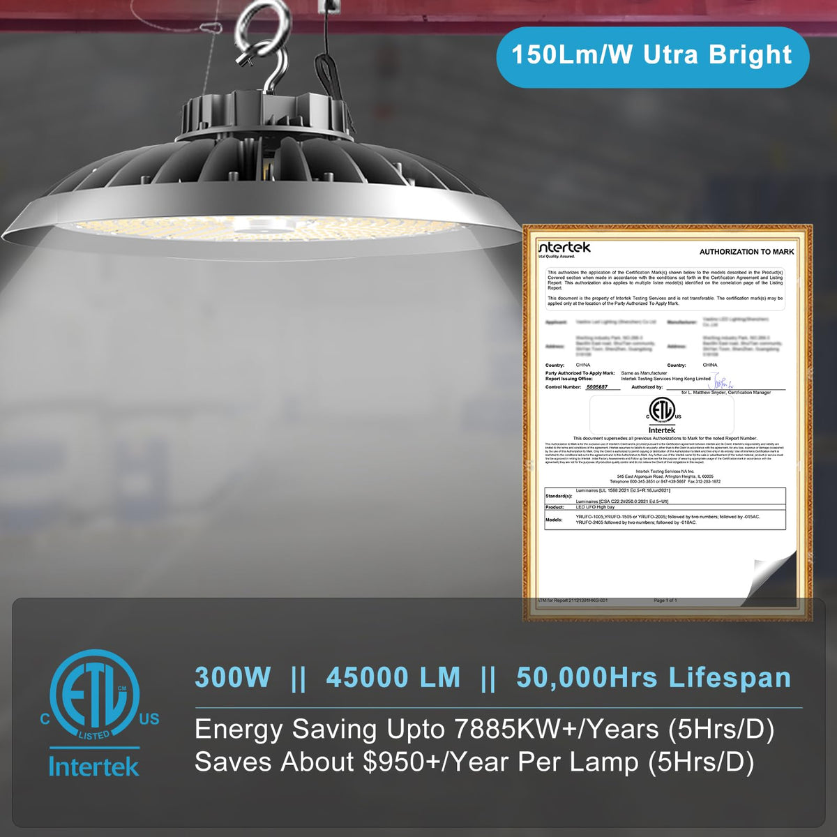 Upgrade 300W High Bay LED Shop Light 45000lm (Eqv.1200W MH/HPS) UFO High Bay Lighting, ETL UFO Lights AC100-277V High Bay LED Light Warehouse,Workshop, Garage & Barn,Plug & Play-6Pack