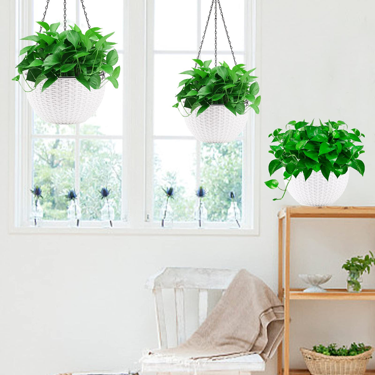 Foraineam 2-Pack Dual-pots Design Hanging Basket Planters Self-Watering Indoor Outdoor Plant & Flower Hanging Pots with Drainer and Chain, 2 Size Assorted (White)