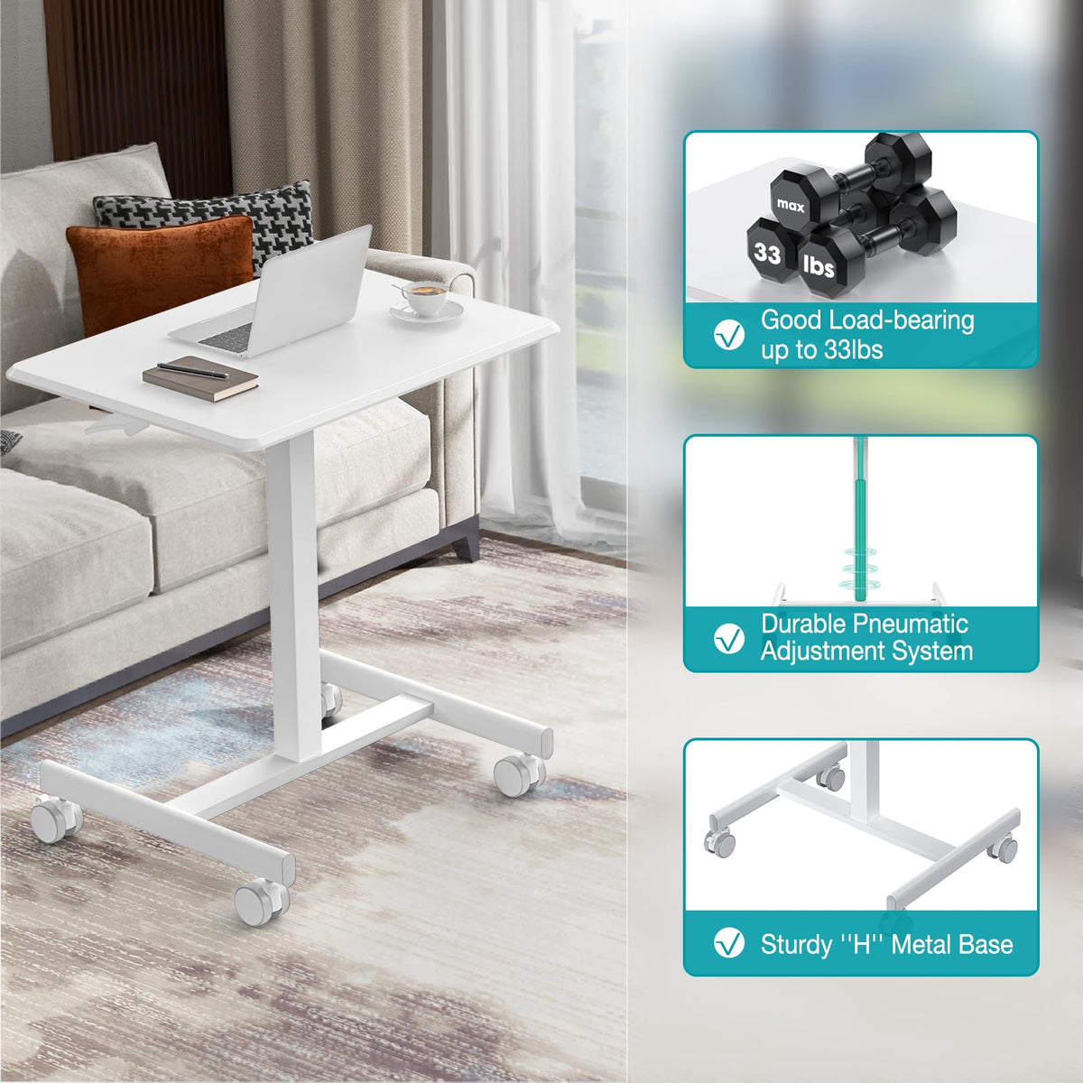 DUMOS Small Standing Desk Mobile Portable Rolling Laptop PC Table on Wheels Adjustable Height Computer Workstation for Home Office, 19 Inch, Modern White