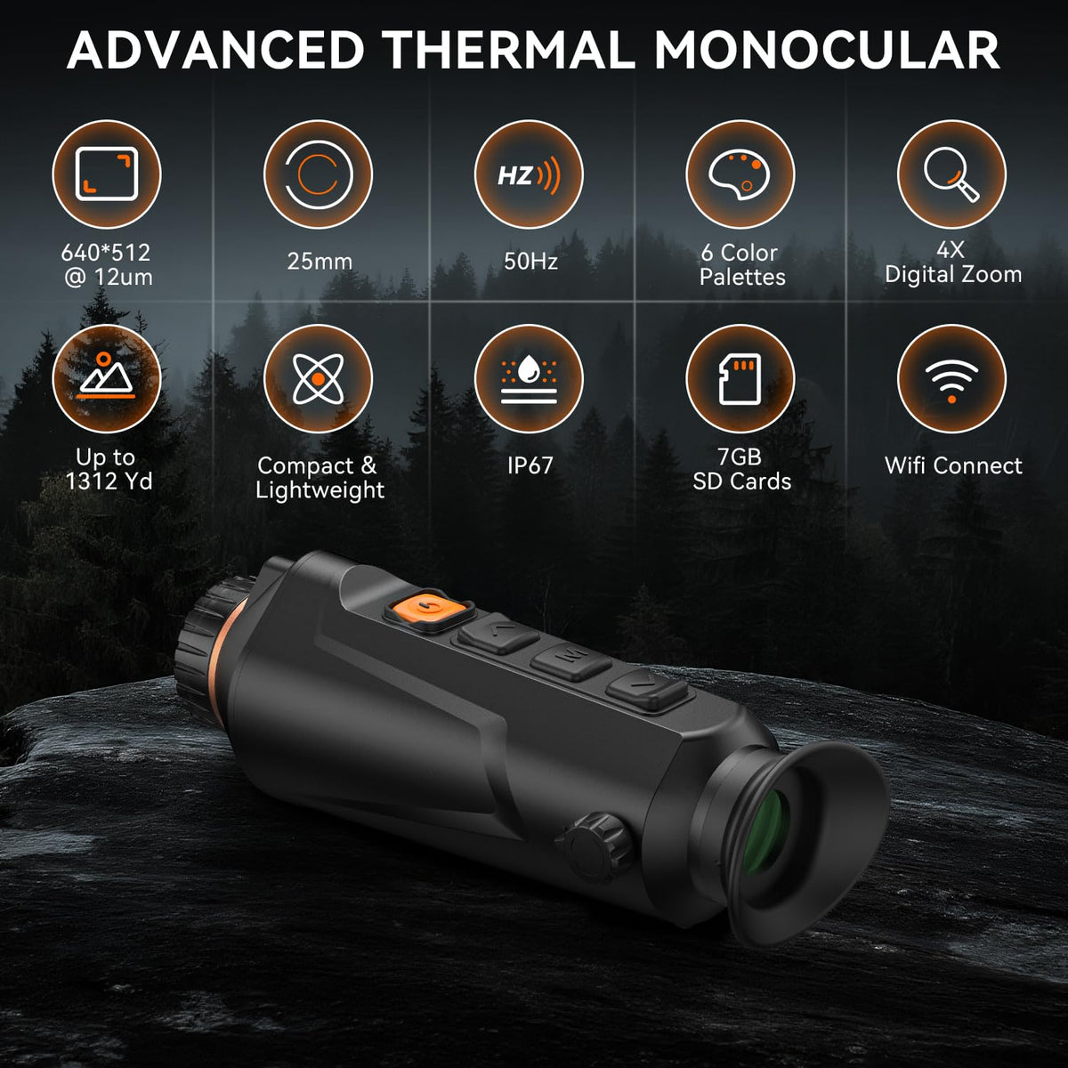 Night Vision Monocular 25mm 640x512 (50 Hz) Thermal Imaging Monoculars, 4X Digital Zoom, Detection 3937yd, 6 Mode, 6H+, IP67 WiFi Heat Vision Infrared Imager for Hunting Camping