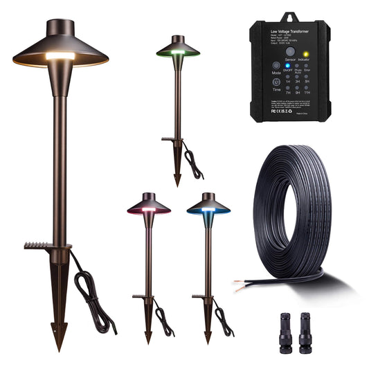 Varmtalys 12V Smart RGBCW Path Light Kit – Low Voltage Pathway Lights Bundle with 65W Transformer & 65FT 16/2 Cable & 8 Connectors, IP65 Waterproof Landscape LED Aluminum for Outside Walkway 4 Pack