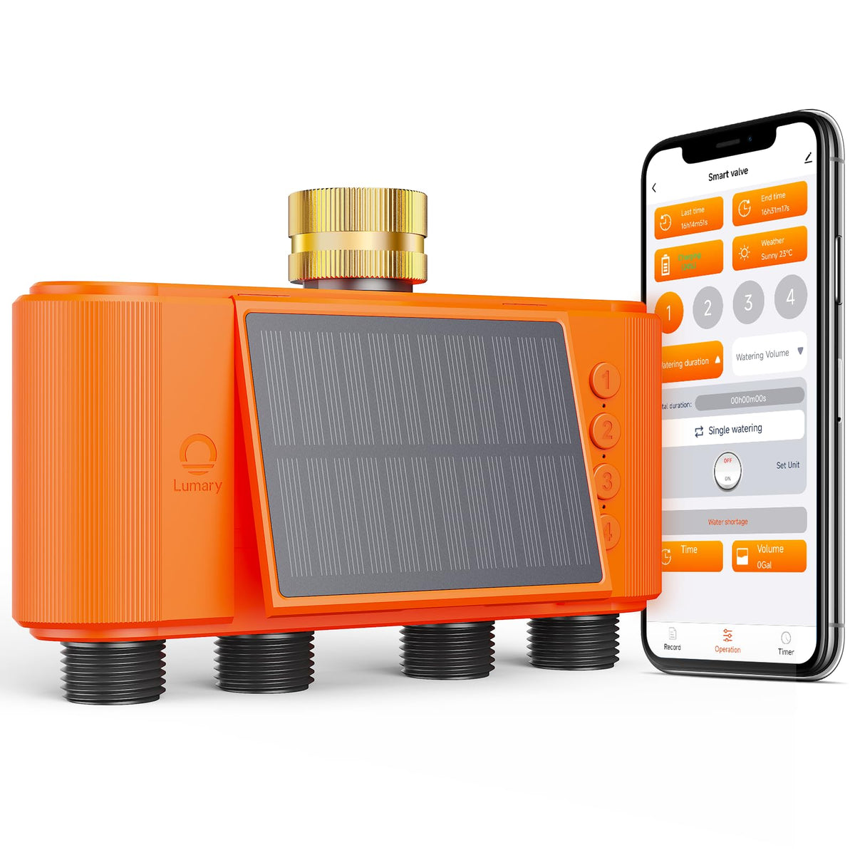 Lumary Solar WiFi Sprinkler Timer 4 Zone w/Water Flow Meter, Smart Water Timer for Garden Hose w/Adjustable 90° Panel, APP Automatic Irrigation Controller System for Lawns Yard, No Need Hub