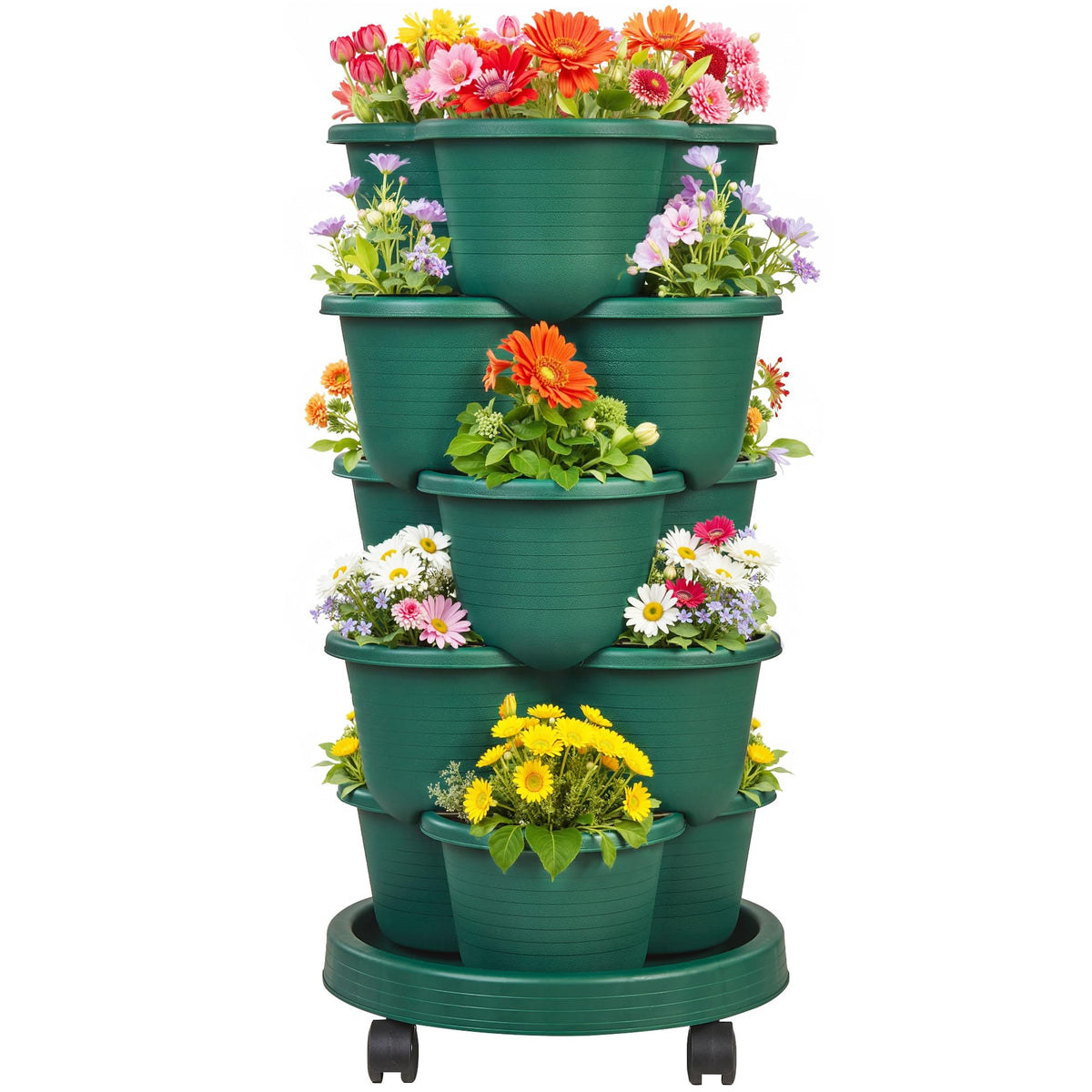 VECELO 5 Tier Vertical Garden Planter, Self Watering Stackable Planters with Wheels for Strawberries, Herbs, Flowers, Vegetables, Dark Green