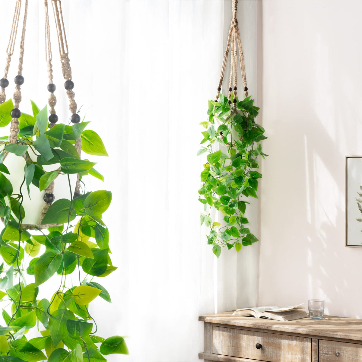 Mkono Fake Hanging Plant with Pot, Artificial Plants for Home Spring Decor Indoor Macrame Plant Hanger with Faux Vine Hanging Planter Greenery for Bedroom Bathroom Kitchen Office, Brown (Pothos)