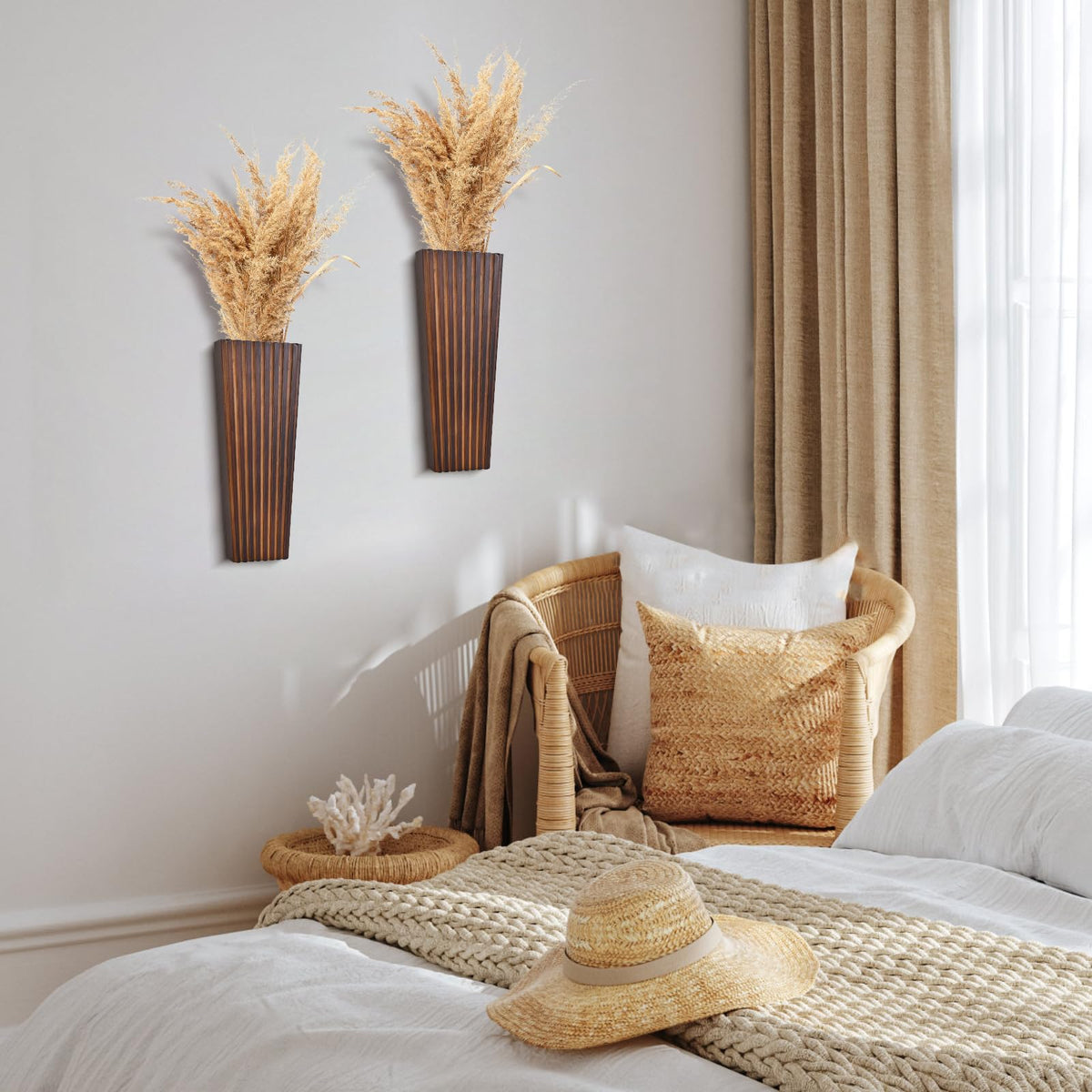 2PCS Wood Wall Planter for Indoor Plants, Wooden Hanging Planter for Dried Flowers and Artificial Greenery Plants,Abstract Vase, Modern Farmhouse Wood Wall Decor for Living Room,Bedroom,Bathroom