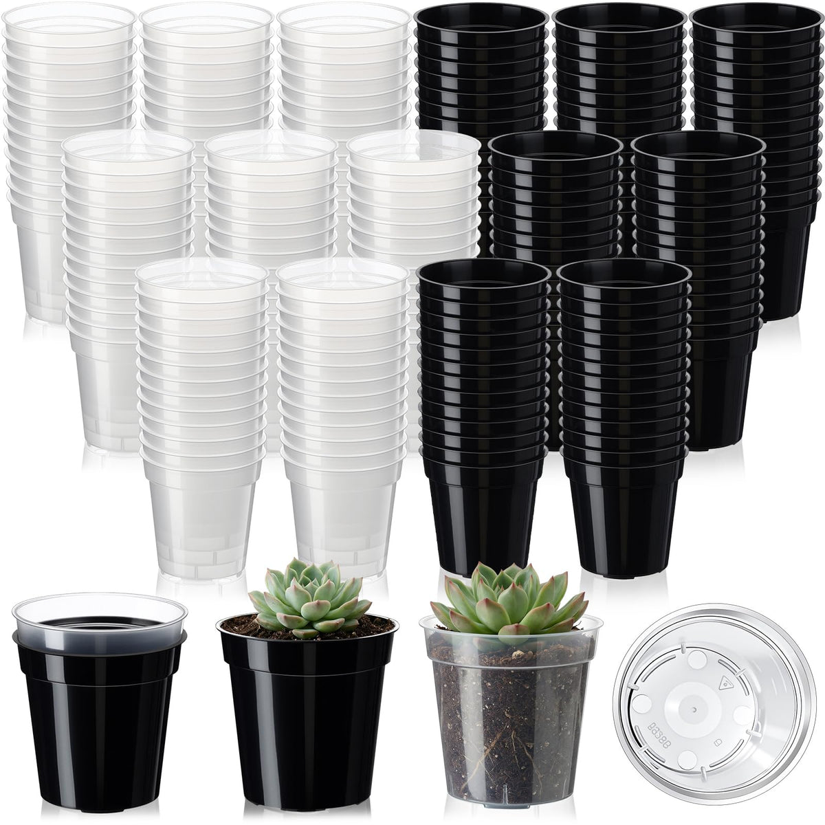 Sliner 200 Pcs 2 Inch Plastic Nursery Pot Mini Seedling Planter Flower Planting Pots Plastic Planters with Drainage Holes for Outdoor Indoor Flower, Starting Seedlings, Black, Clear