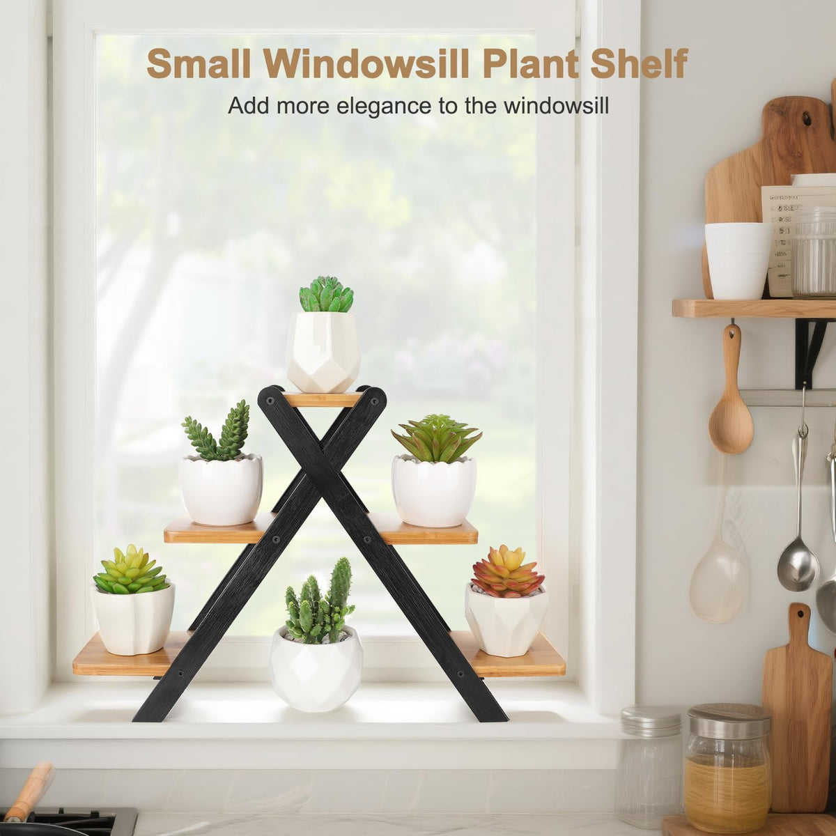 Jotsport Multi-Tier Bamboo Plant Stand for Mini Succulents Windowsill Plant Shelf Tabletop Kitchen Small Planter Pots Display Stand