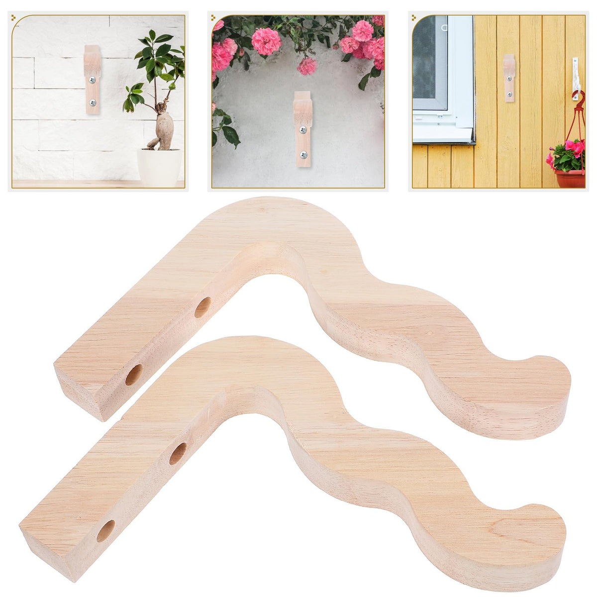VANZACK 2pcs Wall-Mounted Plant Hooks Wood Flowerpot Hanging Brackets for Indoor Outdoor Planters Lanterns Wind Chimes Patio Garden Decor