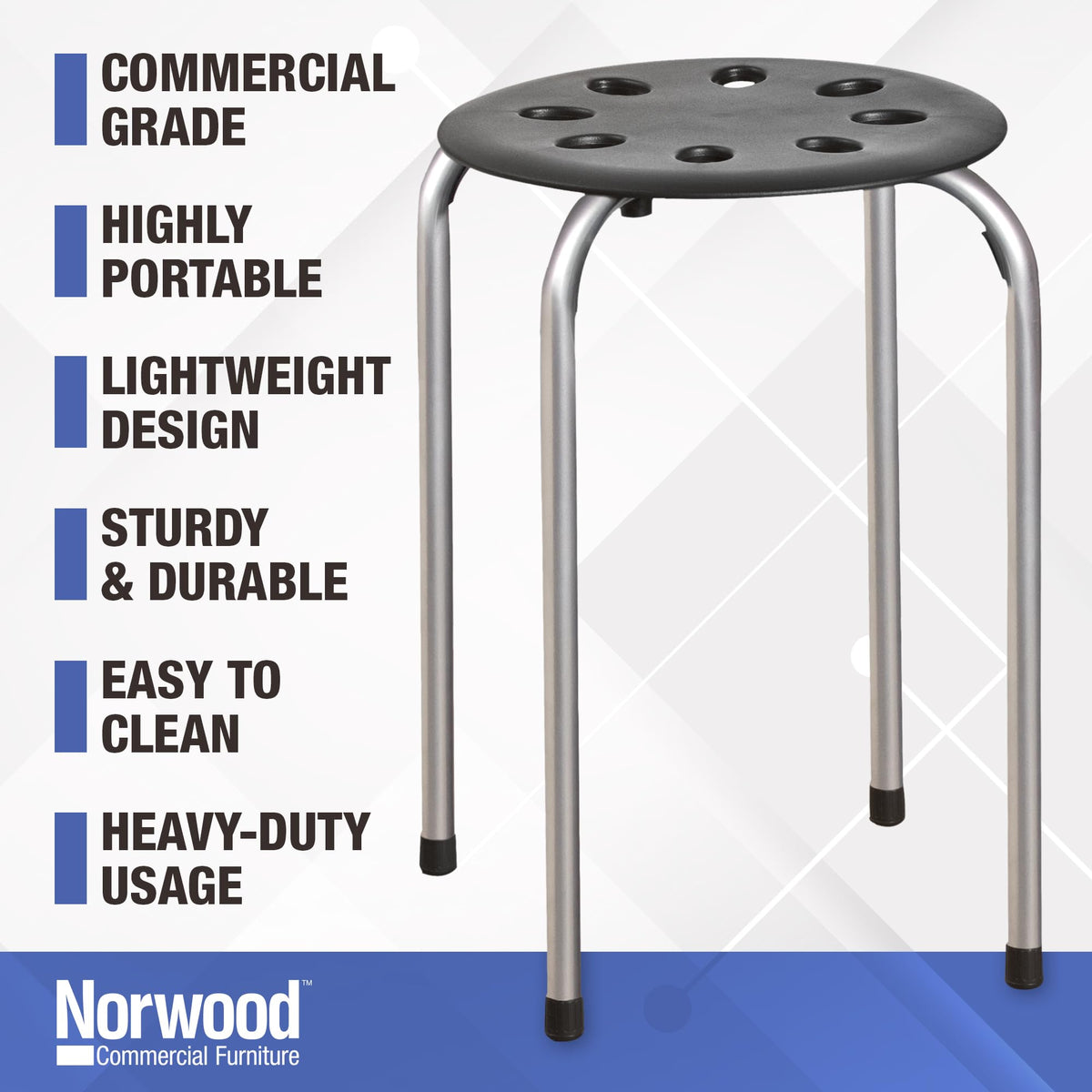 Norwood Commercial Furniture Stacking Stools for Kids and Adults, 17.75" Standard Height Portable Nesting Office and Classroom Stools, Black/Silver, Pack of 5