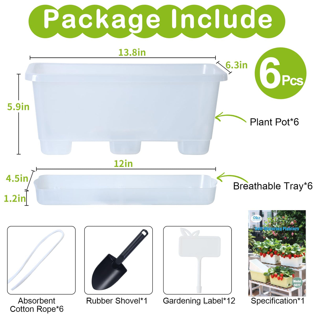 Oliz Window Box Planter 6 Packs, 13.8 Inches Rectangle Flower Pots with Drainage Holes & Trays, Pots for Vegetables, Herbs, Flowers, Garden Windowsill Balcony (Translucent White)