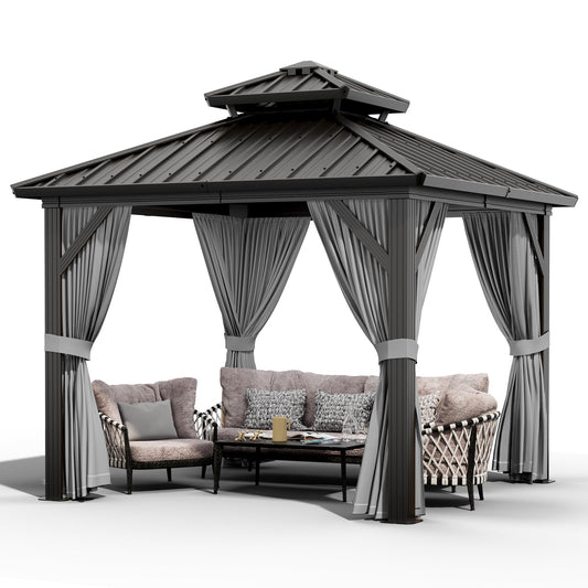 10x10 ft Double Roof Hardtop Gazebo, Heavy Duty Galvanized Steel Pavilion with Netting and Curtains, Metal Roof Patio Gazebo for Terrace, Lawn, and Deck, Gray