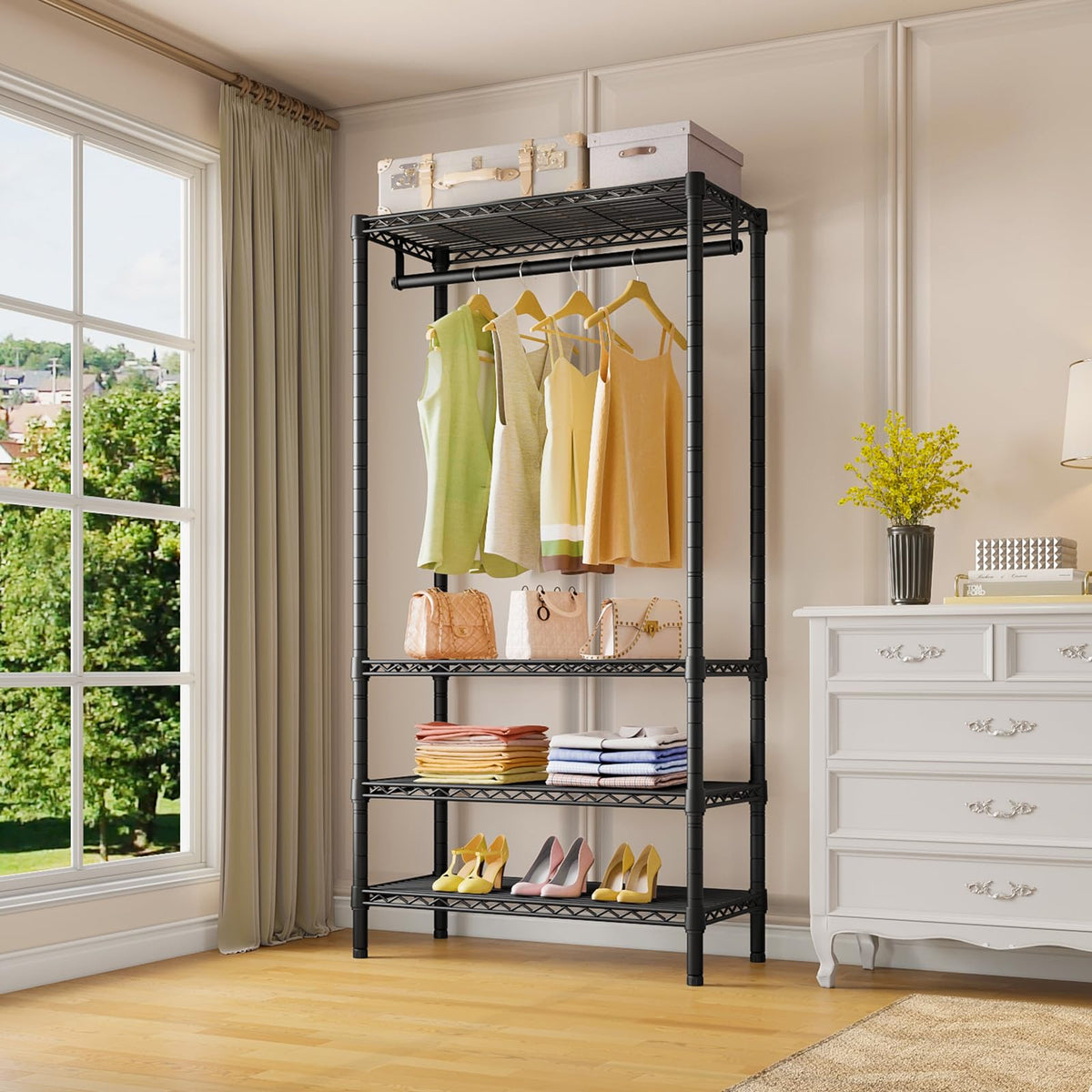 VIPEK V1 Medium Portable Garment Racks 440lbs Load Capacity, Heavy Duty Clothes Rack with 4 Tiers Adjustable Shelves & Hanging Rod, Compact Space-Saving Storage for Small Apartments/Dorms (Black)