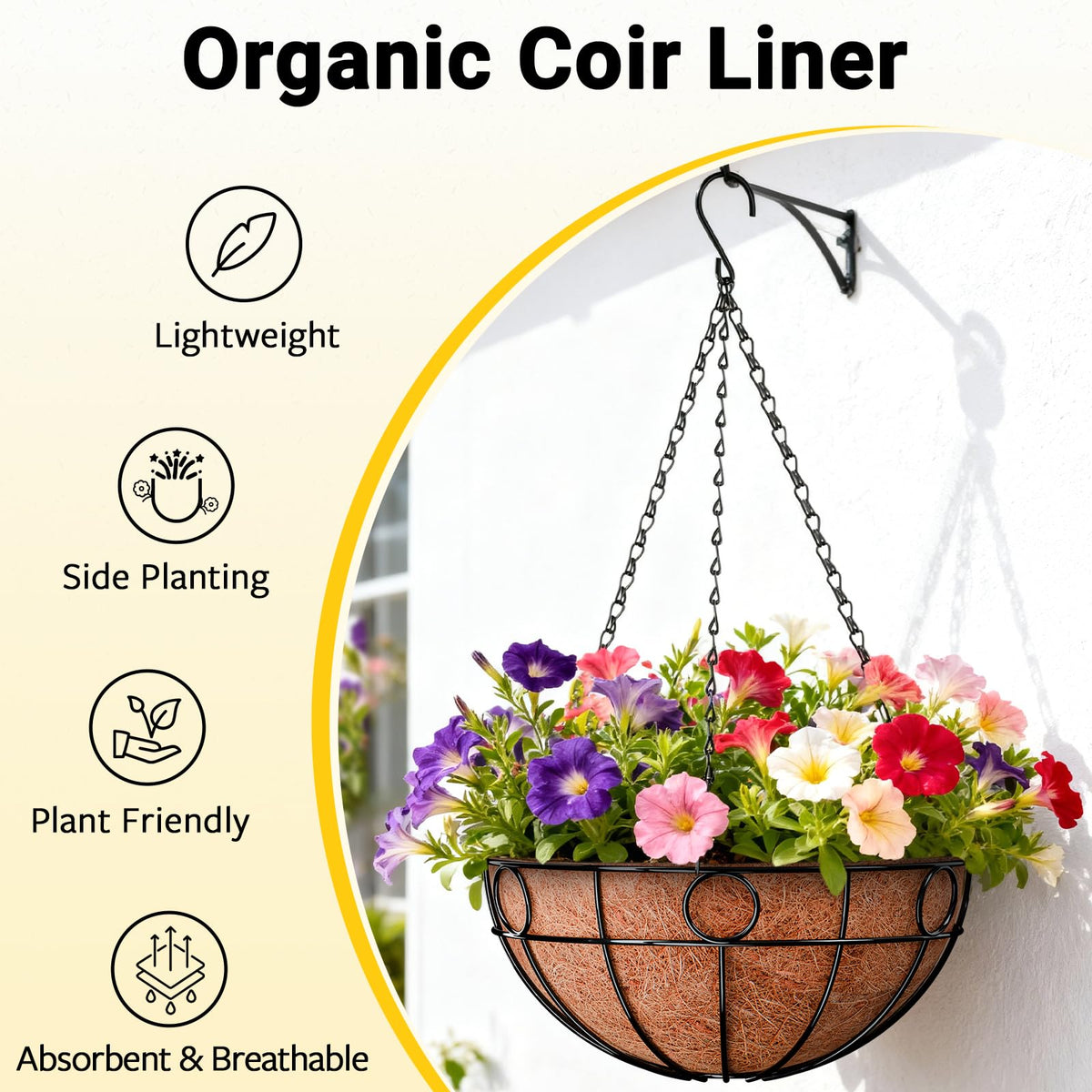 ZeeDix 2 Pack Round Hanging Baskets for Plants Outdoor, 12 Inch Metal Wire Planter Basket with Coco Liner, Hanging Flower Pots for Garden Yard Patio Porch Balcony Decor