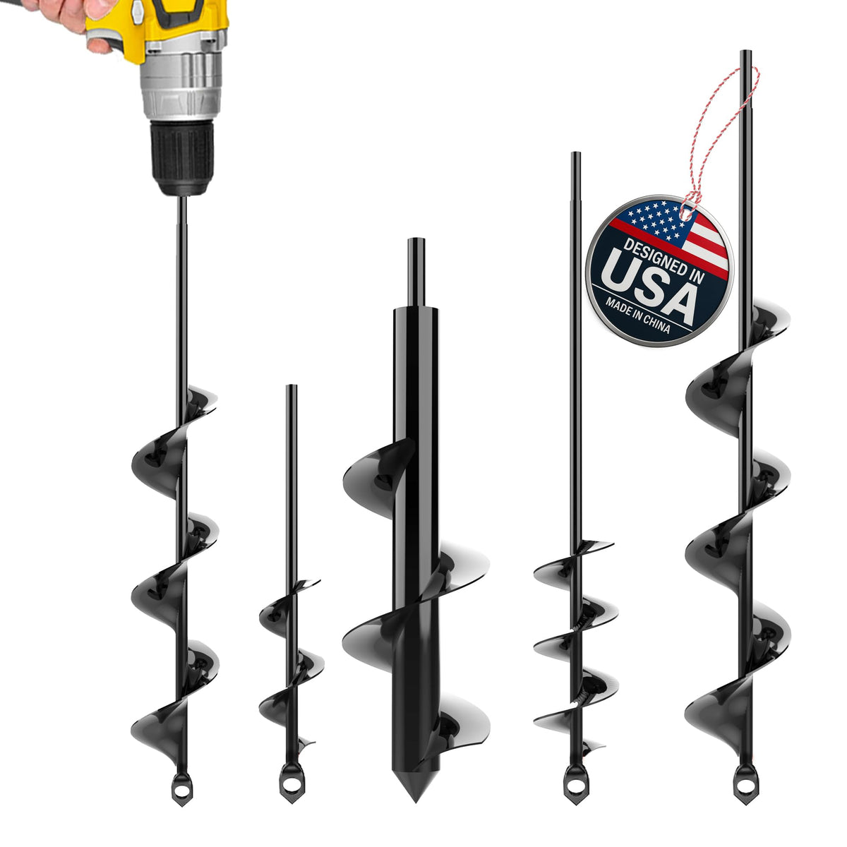 Auger Drill Bit for Planting 4 Pack – Garden Spiral Hole and Bulb Planter Tool for Umbrella Holes - Compatible with 3/8 Inch Hex Drive