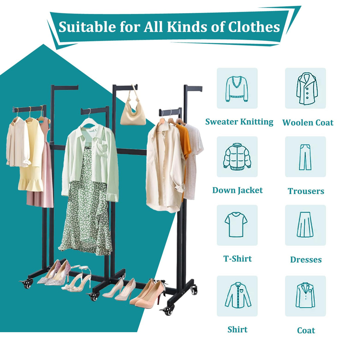 rcqeuiol Clothing Display Racks for Retail, Floor Standing Metal Garment Rack with Wheels, 6 Arms Heavy Duty Retail Display Racks for Hanging Clothes, Adjustable Shirt Rack, Black