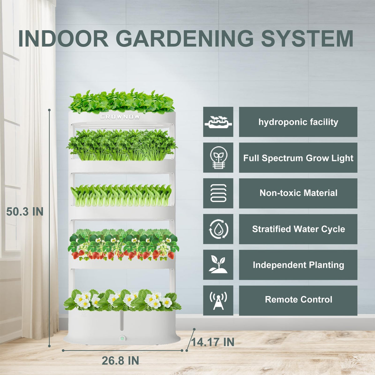 Crownow 80Pods Hydroponics Growing System Kit,5-Layer Large Capacity Hydroponic Tower with LED Grow Light,Indoor Gardening System with Remote Control（Not Include Battery） for Plants Vegetables Herbs