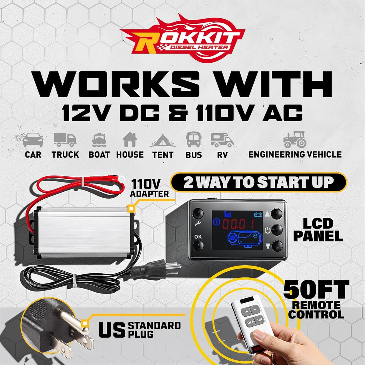 [2026 Version] ROKKIT 8KW Diesel Heater, 110V/12V All-in-One Diesel Air Heater, Portable Diesel Heater with LCD Monitor & Remote, Fast Heating Low Noise Diesel Parking Heater for Tent, Car, RV, Camper