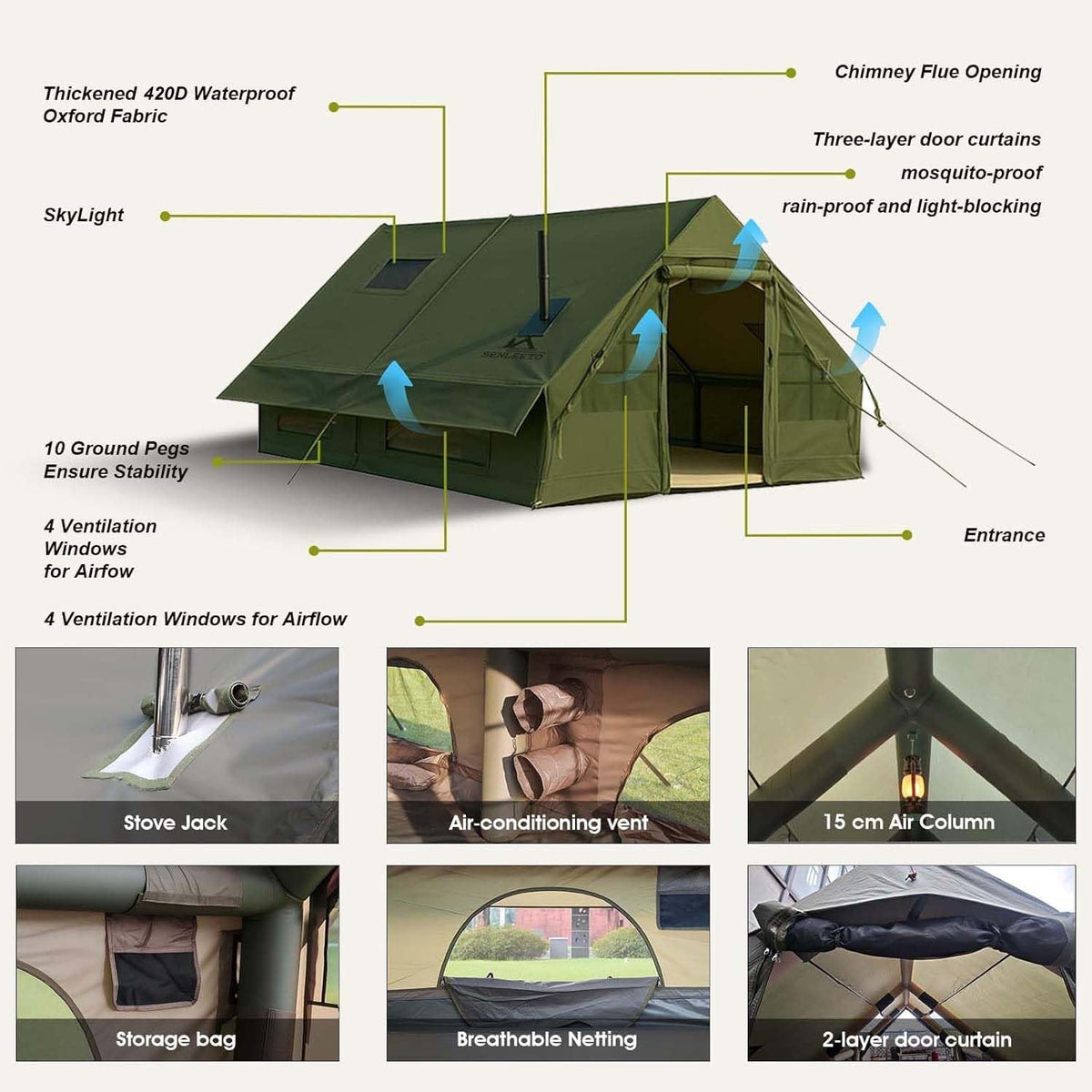 13' x 10' Large Inflatable Tent for Camping 8-10 Person, 4 Season Blow Up Tents with Waterproof Canopy & Moisture-Proof pad, Glamping Inflatable Hot Tent with Stove Jack and AC Vent for Outdoors