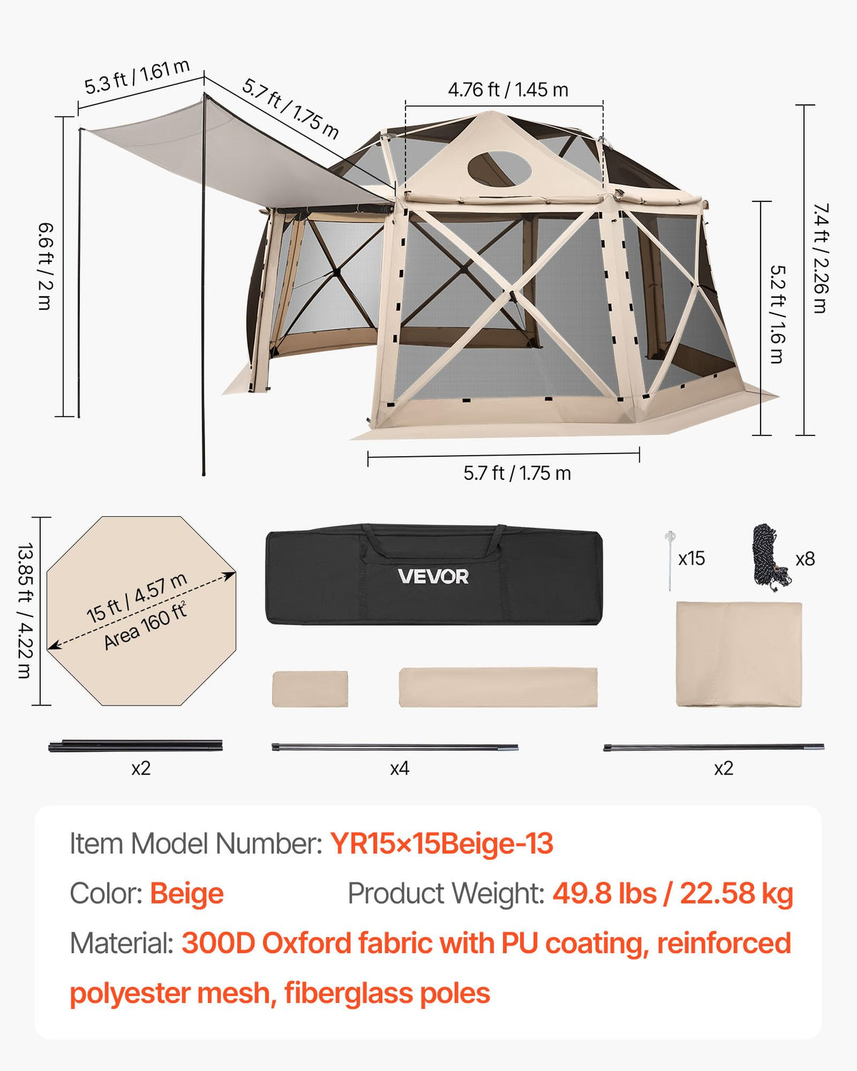 VEVOR Pop up Gazebo Screen Tent, 15 x 15 ft, 13-Sided Spherical Camping Canopy Tent with Removable Top & Carry Bag, Quick-Set & Bite-Proof, Screen House Sun Shelter for 12-15 Persons, Beige
