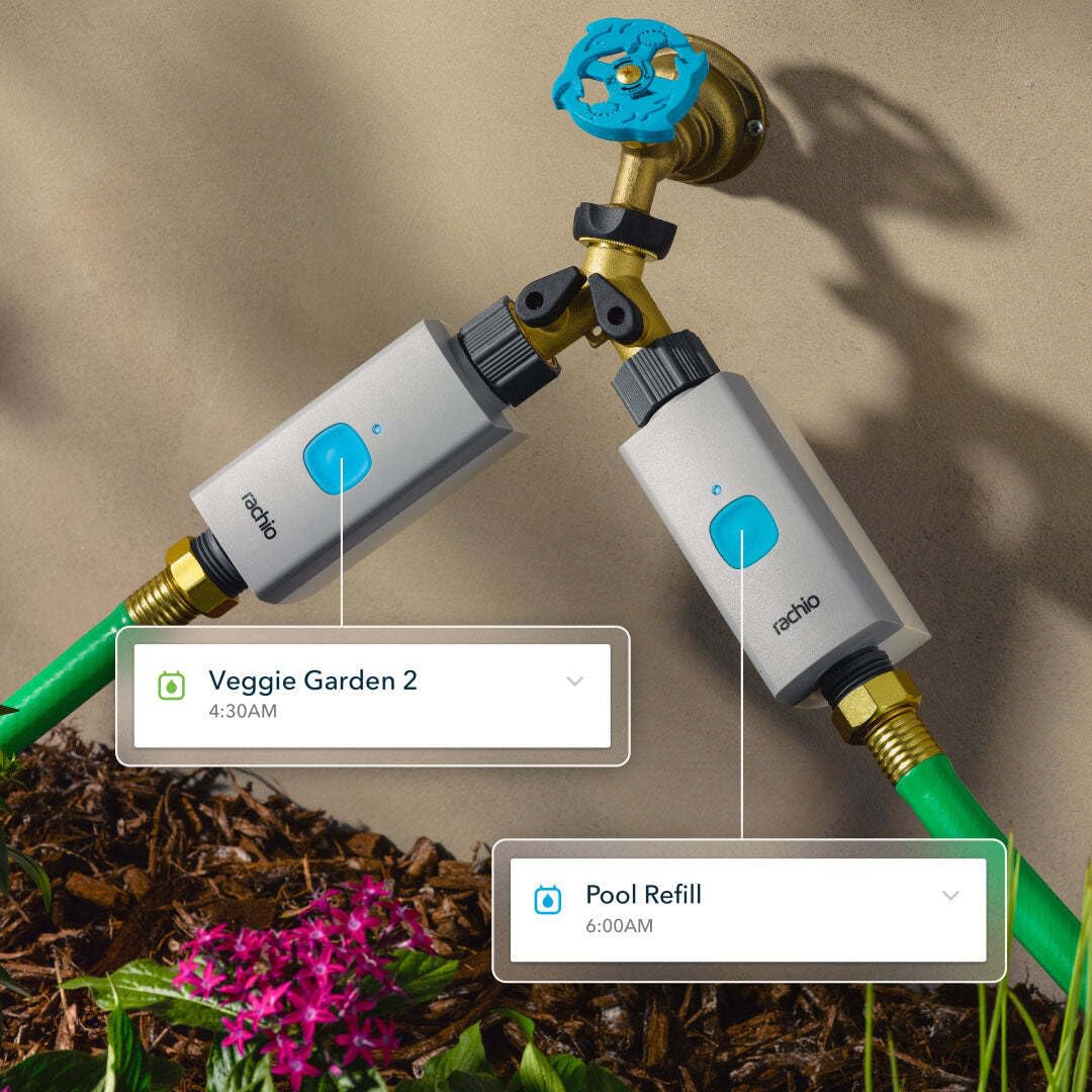 Rachio Smart Hose Timer (2 Valves + 1 WiFi Hub) – App-Controlled Outdoor Faucet Timer, Quick Install & Scheduling, Expandable System