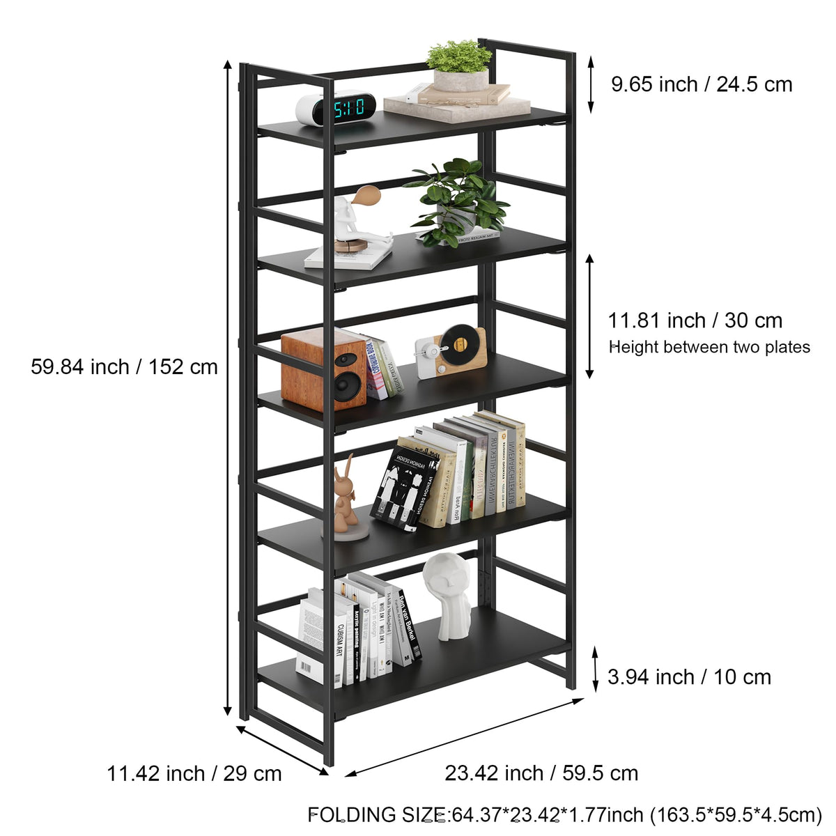 BHG Vintage Multifunctional Folding Bookshelf, No-Assembly Plant Stand Storage Rack Shelves for Home Office (All Black, 5-Tier)
